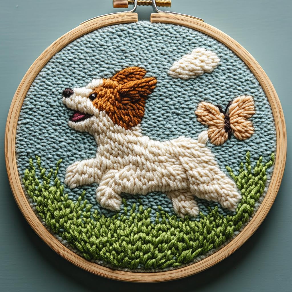 Punch Needle kit for Beginners, Puppy Chasing Butterfly on Grass Embroidery, Joyful DIY kit, Punch Stitching kit for Adults — image 1