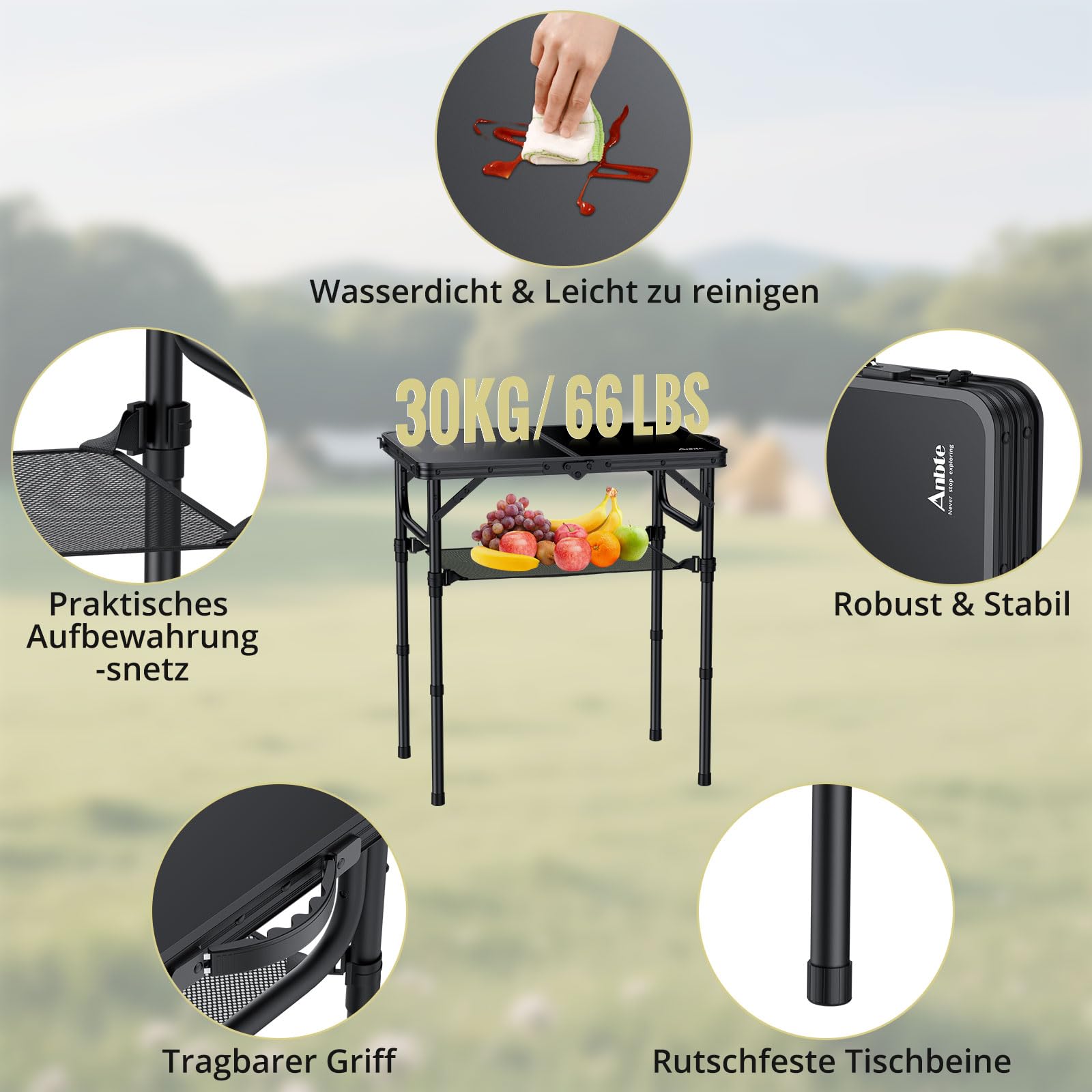 Anbte Campingtisch Klappbar 58x40cm Aluminium Rahmen Picknicktisch 3 Höhen Verstellbar 26/48/67cm MDF-Tischplatte mit Aufbewahrungsnetz Klapptisch für Camping Strand Balkon (Ganz Schwarz)