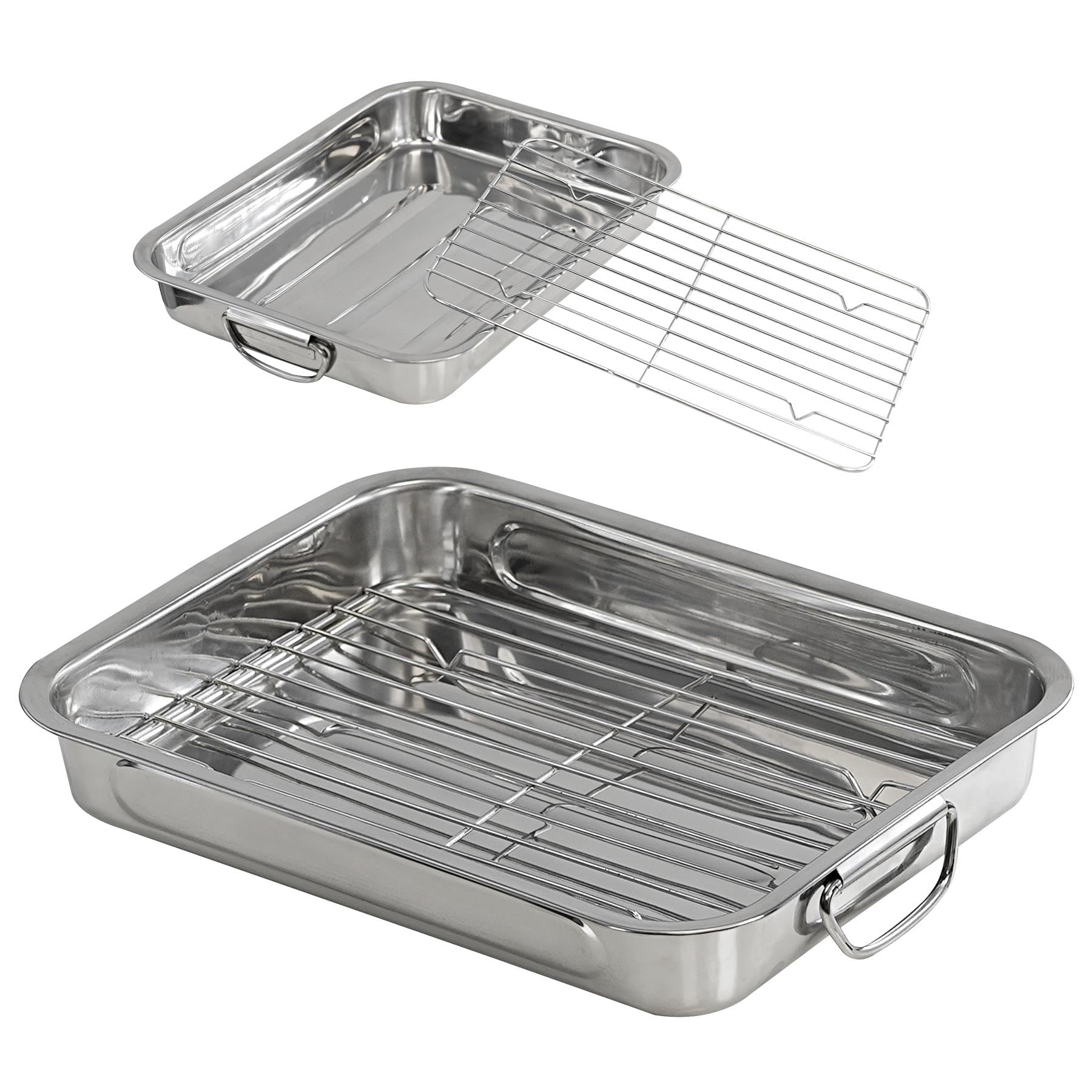 GEEZY Roasting Tin with Rack - Stainless Steel Roasting Tray with Integrated Folding Handles, Dishwasher Safe - Kitchen Deep Oven Tray for Chicken, Small Turkey, Meat, Vegetables, Stews, Casseroles