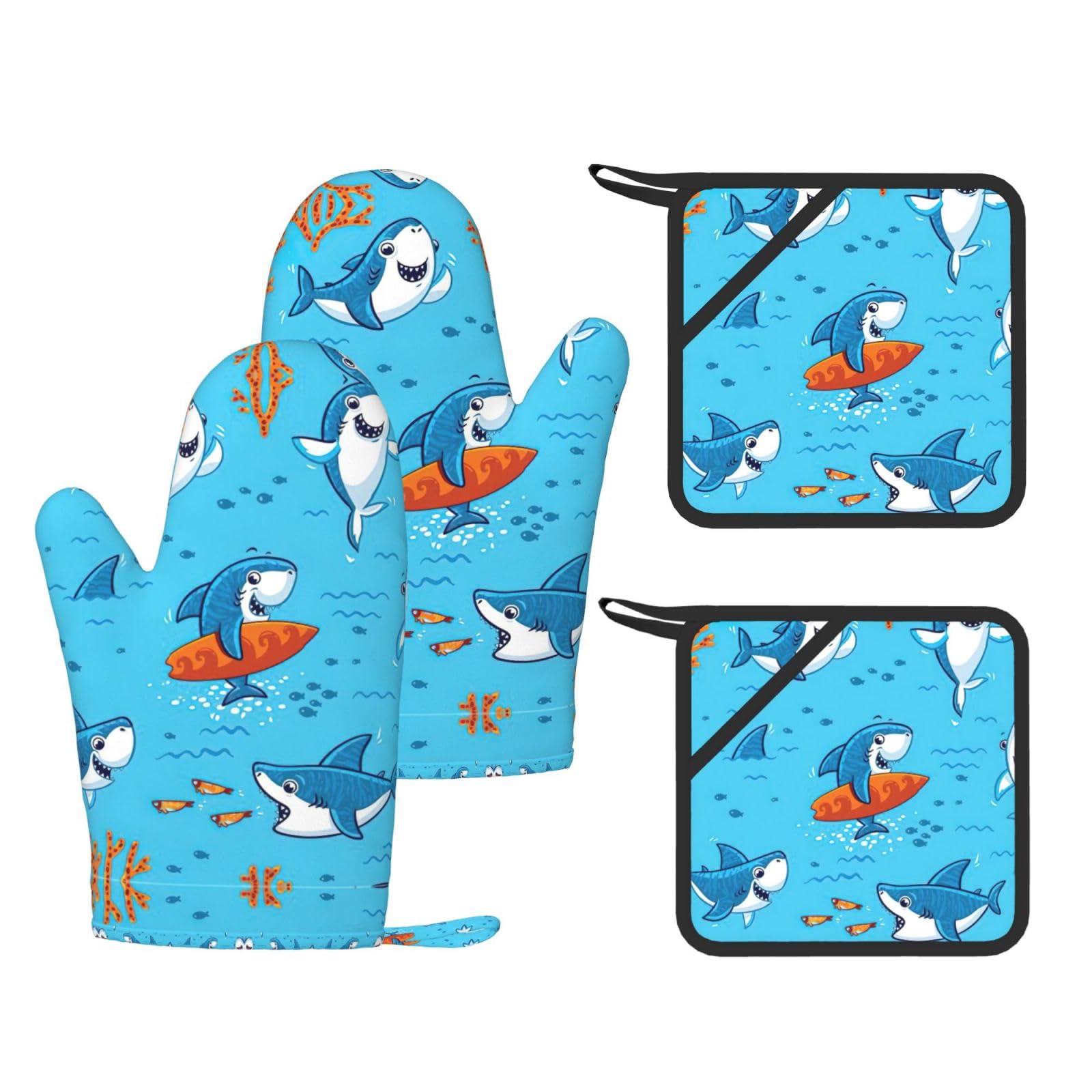 Eeprty Black Undersea Whale Printed Kitchen Oven Gloves And Potholder 4 Pcs, Non-Slip Heat Resistant Mitts For Baking Chef
