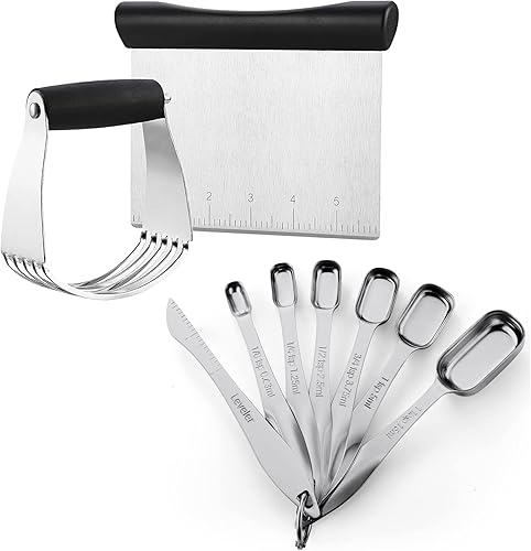 Spring Chef Juego de batidora de masa de acero inoxidable y raspador de banco, cucharas medidoras rectangulares de acero inoxidable y negro, juego