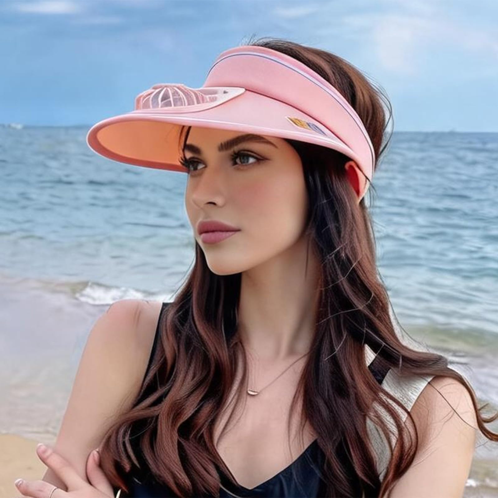 Generico New Gorro de sol de verano para mujer con ventilador recargable, visera ancha, sombrero de exterior con parte superior vacía, ideal para jardinería, senderismo y uso diario.