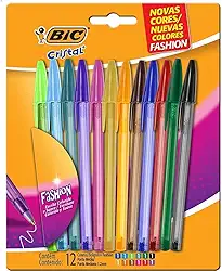 Canetas Coloridas Bic Cristal Fashion 12 Cores Vibrantes, Ponta Esferográfica Média de 1.2mm, Escrita Suave e Cores Vibrantes