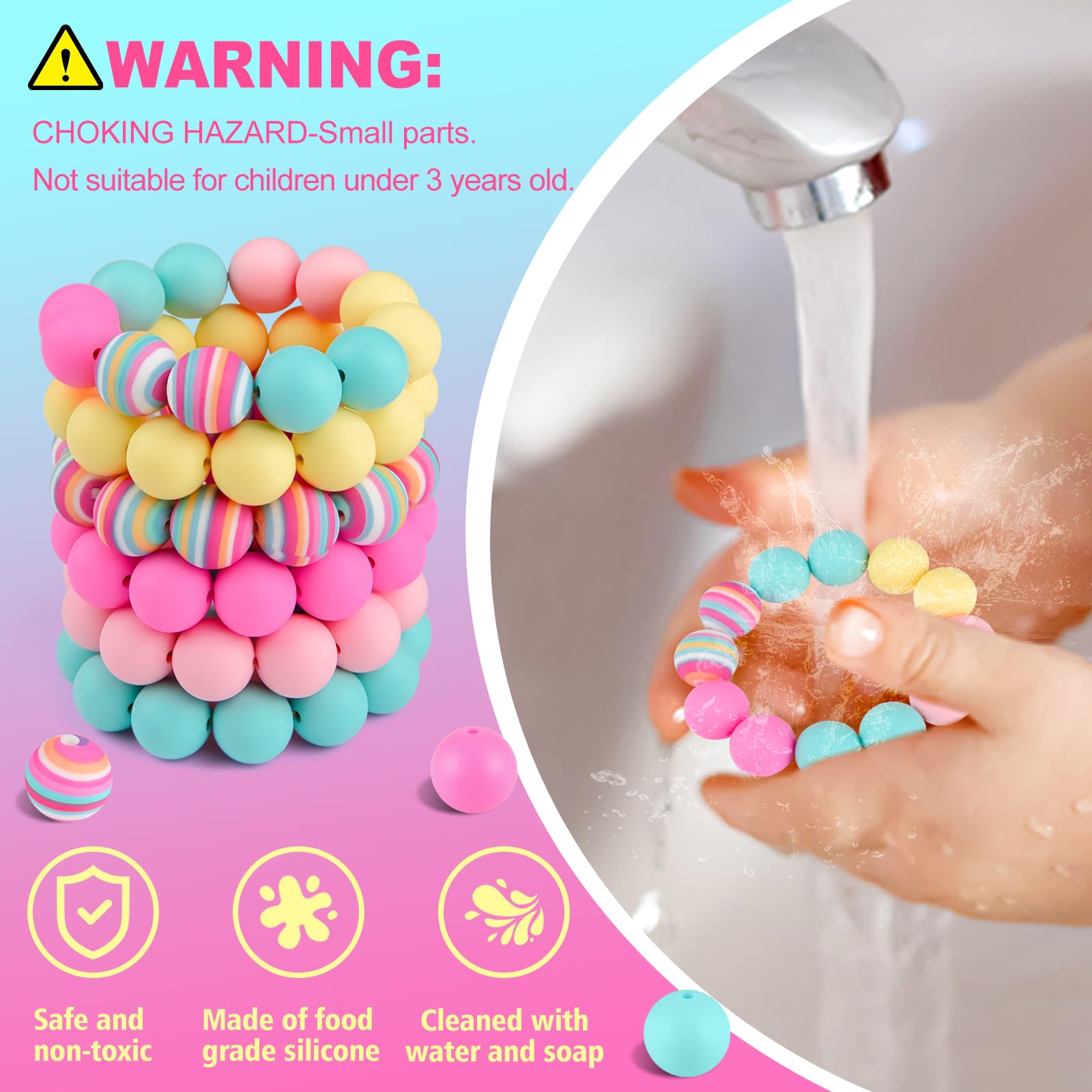 ASTARON 100 Pcs 15mm Silicone Beads for Keychain Making Rainbow Round Beads Bulk for Bracelets Crafts Beadable Pens Decorations Jewelry Making Supplies - Image 3