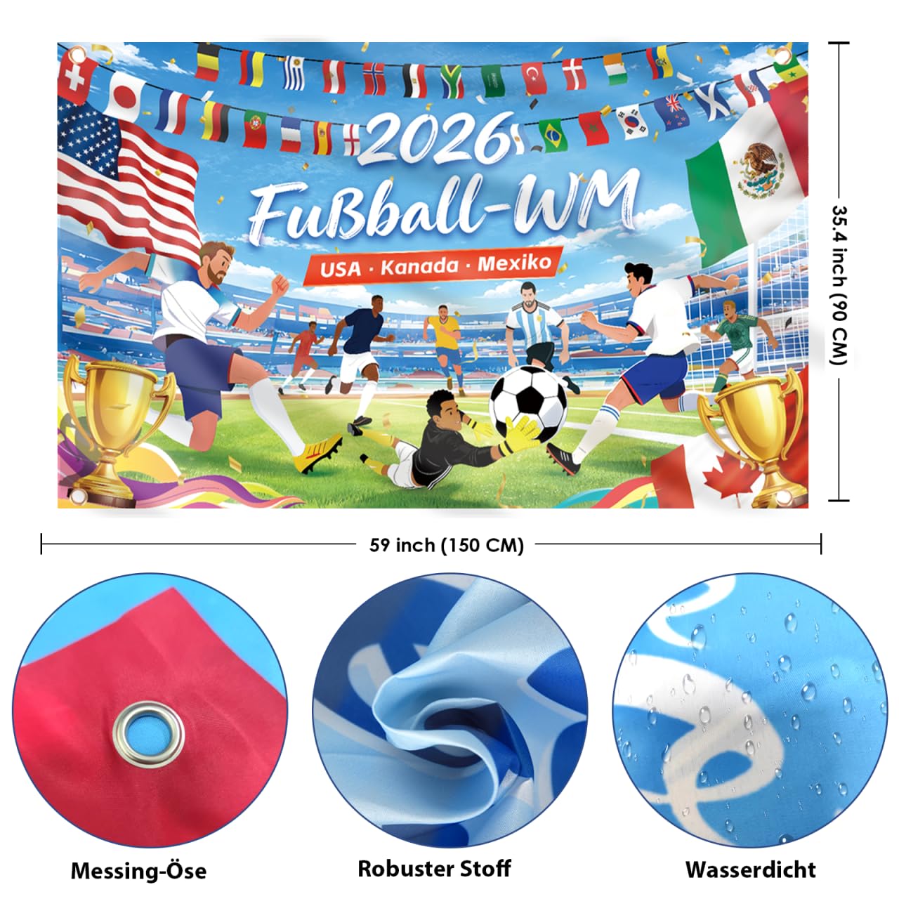 AhfuLife Große Fußball Flagge 150x90cm für WM Deko 2026, Fussball Weltmeisterschaft Fahne Beidseitig Bedruckt mit 4 Metallösen für Fußball Party Garten Haus Bar Foto-Hintergrund Dekoration - 2