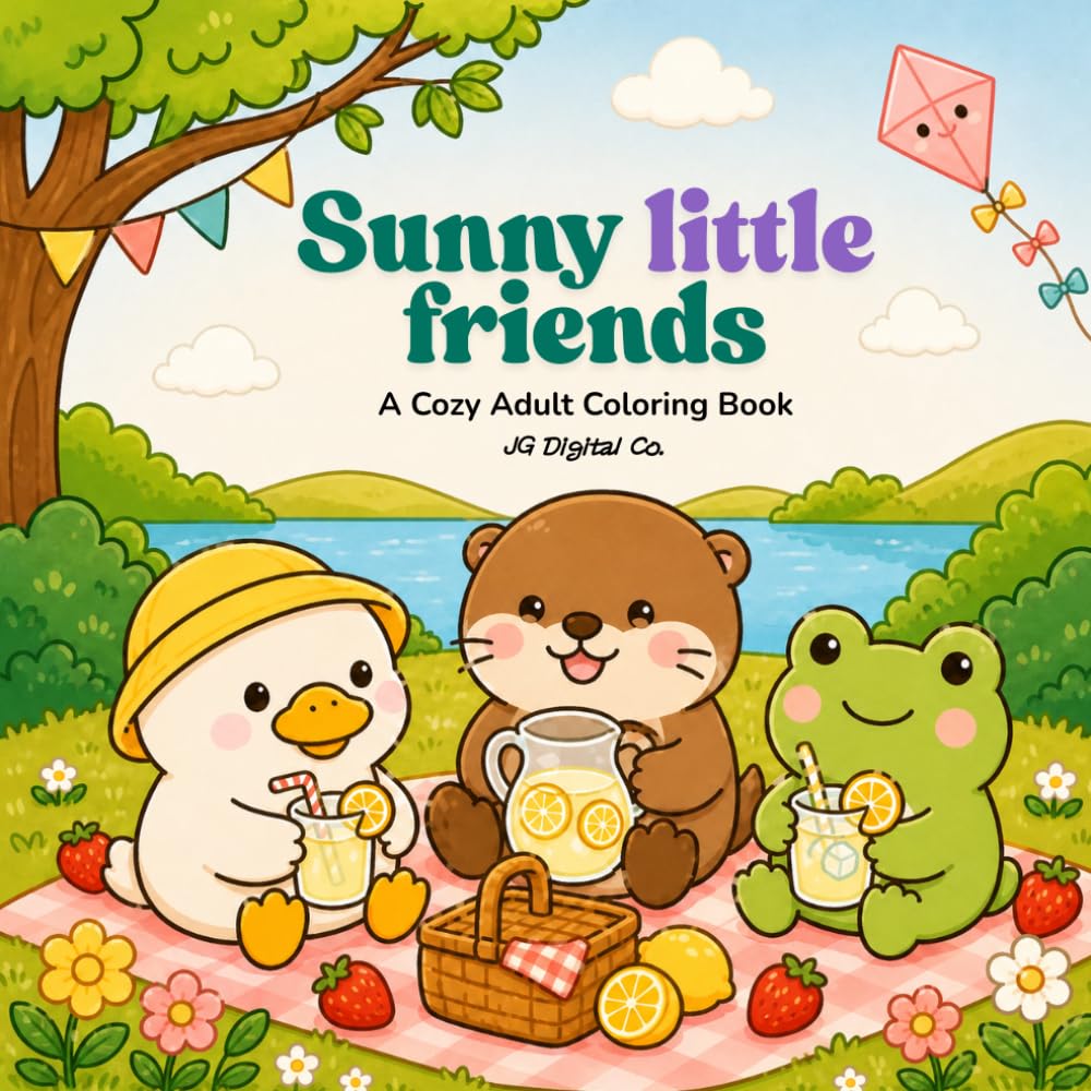 Sunny Little Friends Coloring Book: Cute and Easy Kawaii Summer Coloring Pages for Adults and Teens with Bold Simple Designs