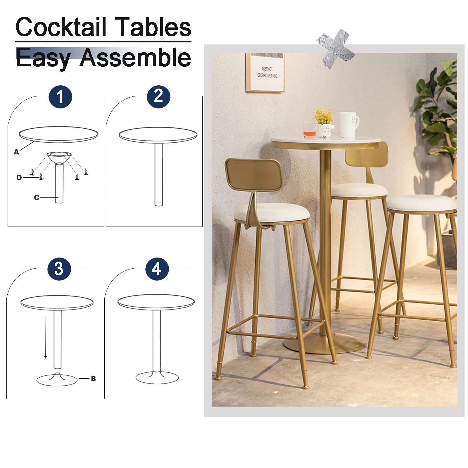 Table de bar d'extérieur avec plateau en marbre pour comptoir de café et de cocktails, table de pub pour terrasse ou jardin (75 cm)