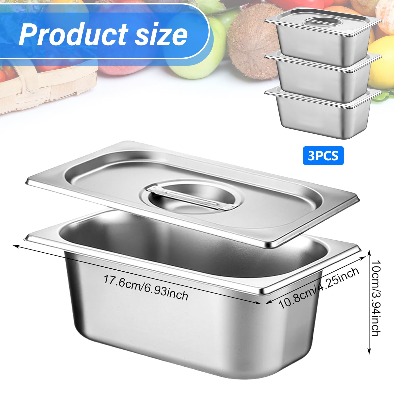 GOMETY Panierschalen Set 3-teilig, 1/9 GN Behälter mit Deckel 17,5 x 11 x 10 cm Edelstahl Gastro Behälter Panierset für Koteletts Gastronormbehälter Panierstraße Rechteckig Warmhaltebehälter Essen