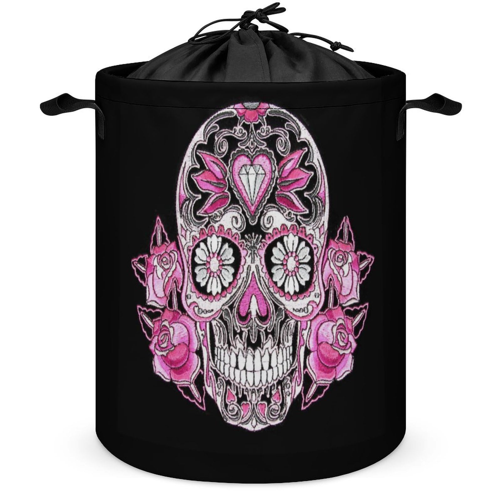 Qjjinxior Drawstring Laundry Hamper, Pink Sugar Skull Laundry Basket, Washing Basket with Handle
