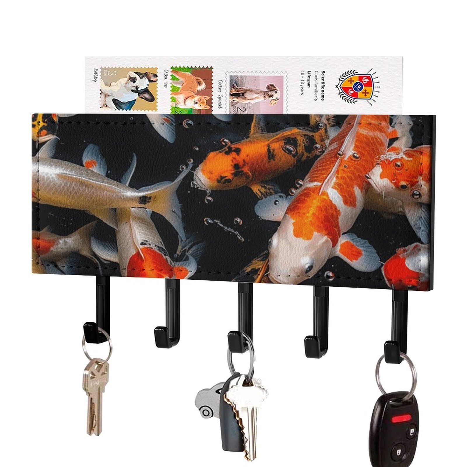 DWVTSLH Japan Fancy Koi Carp Fishes Key Holder for Wall, Decorative Key Hooks with Mail Organizer & 5 Hooks, Self Adhesive Leather Key Hanger for Entryway, Wall Mounted Key Rack (7.1” X 4.3” X 0.9”)