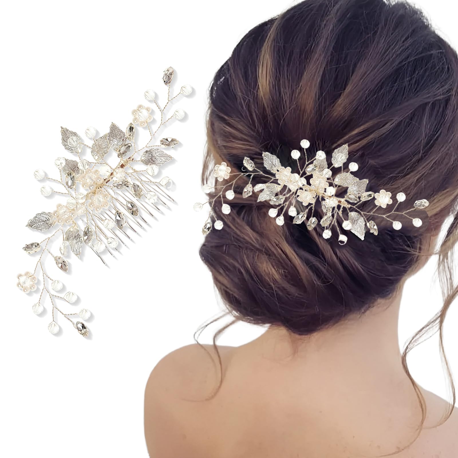 Tocados de Pelo Boda Novia, Oro Rosa Peinetas para el Pelo Flor, Perla Headpiece Nupcial Cristal Hoja Accesorios para el Cabello, Accesorios Pelo para Mujeres y Niñas