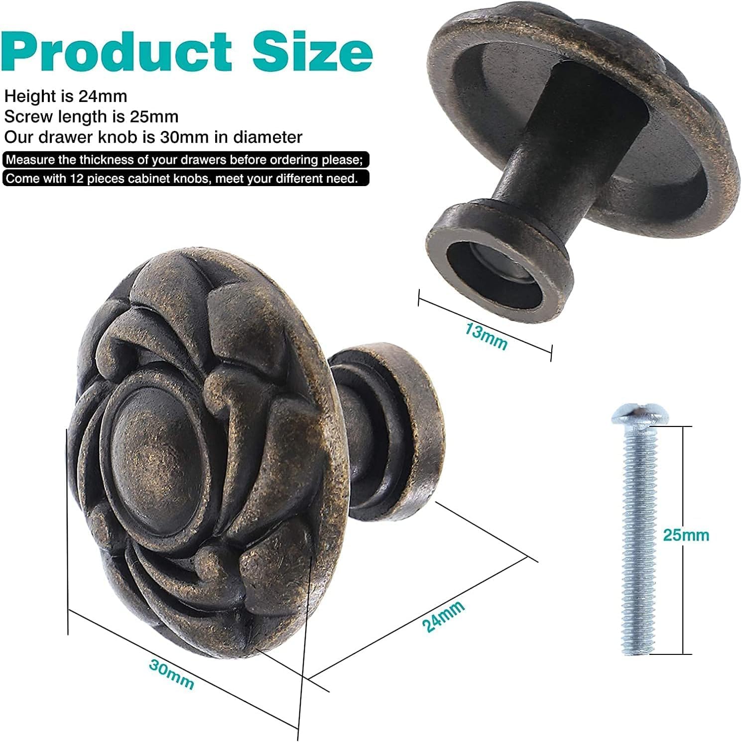 Round Pull Knobs Handles, 20 Pieces Cabinet Knobs Vintage Drawer Knobs Chic Carved Cabinet Knobs Pull Handle Metal Flower Shape Cabinet Drawer Door Knob Bronze, 34x25mm (Color : Bronze 3)