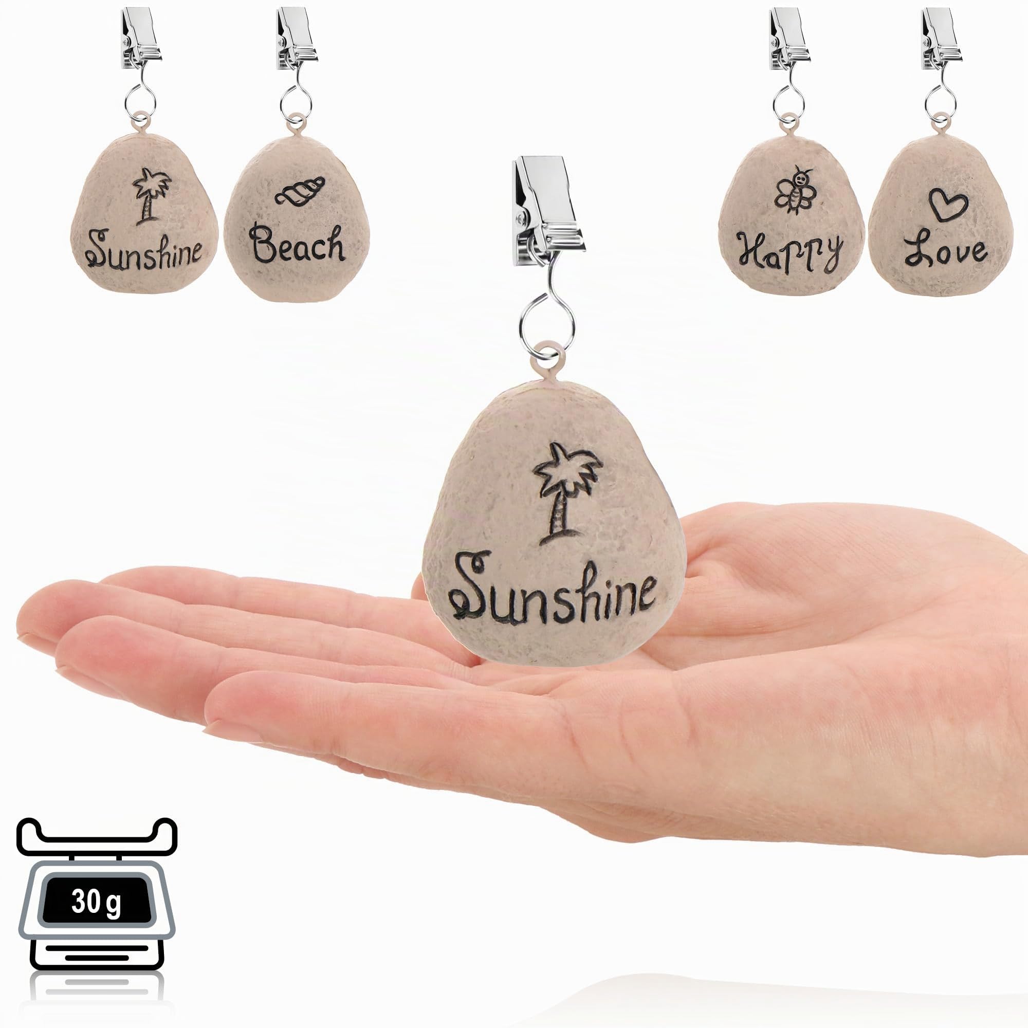 Com-four® Pesos para Mantel 8X - Resistentes a la Intemperie con Clip - Aspecto de Piedra y Diseño de Playa - Aprox. 30g (Grau - Steine)