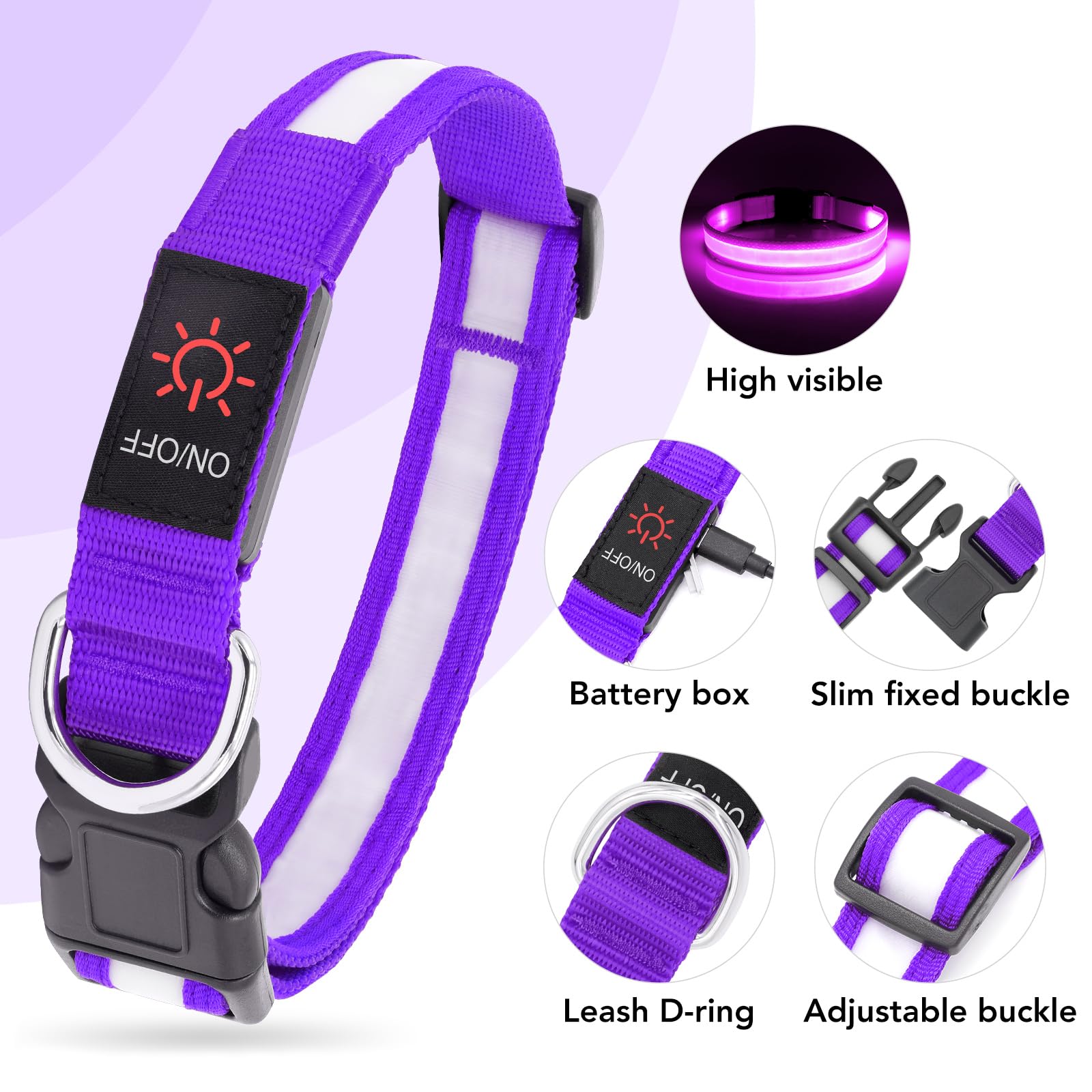 VIZPET Collare per cani a LED, regolabile, ricaricabile tramite USB, super luminoso, di sicurezza, per cani (viola, M [38-50 cm)