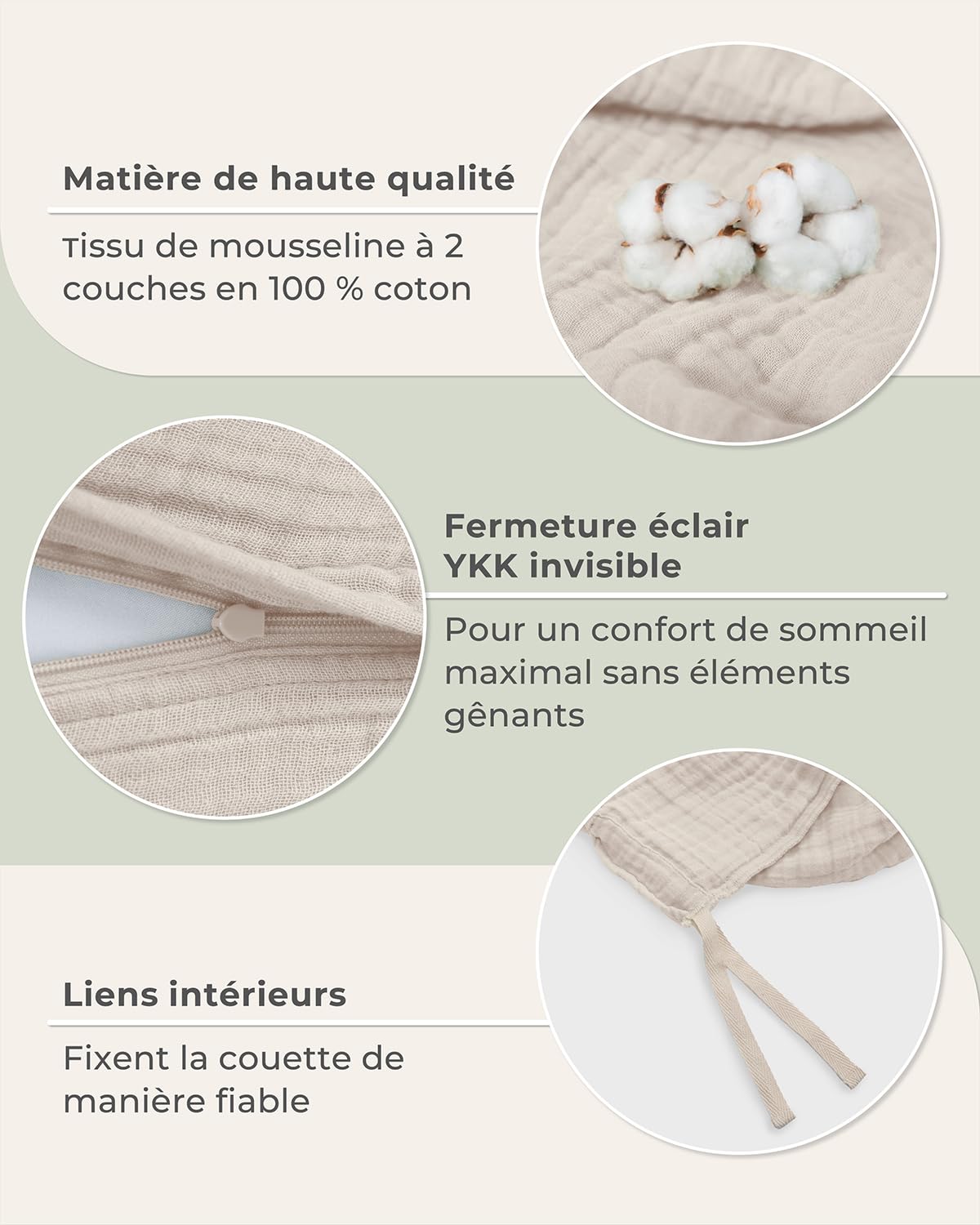 LAYNENBURG Parure de lit en mousseline 135 x 200 cm + 40 x 80 cm - Certifié Öko-Tex - 100 % coton - Respirant et infroissable - Mousseline 2 couches avec fermeture éclair et sangles de maintien (beige
