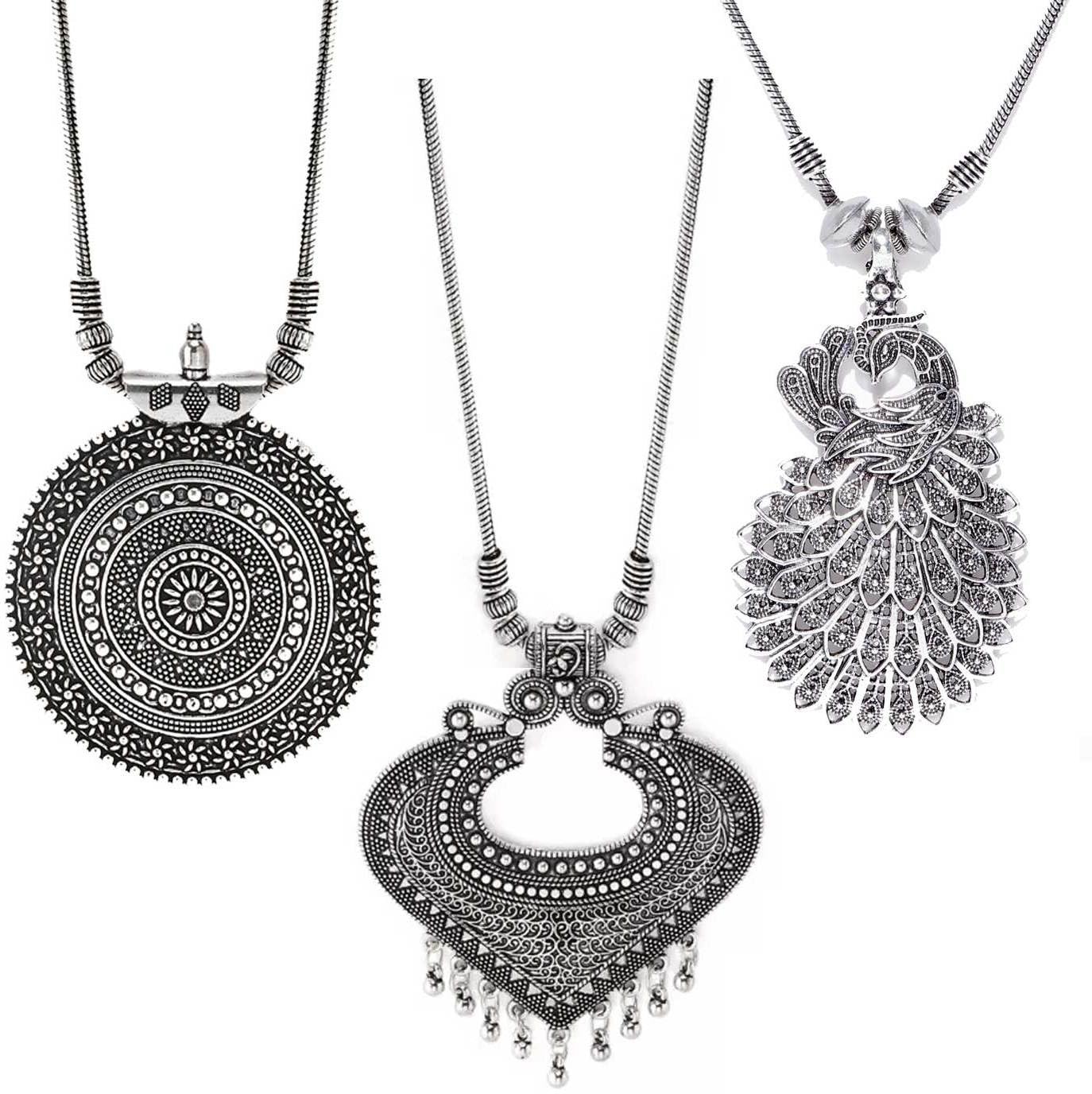 Foxy Trend Black Silver Plated Alloy Necklace ()_BZ_FX-Round Tava Long Mor & Big Paan