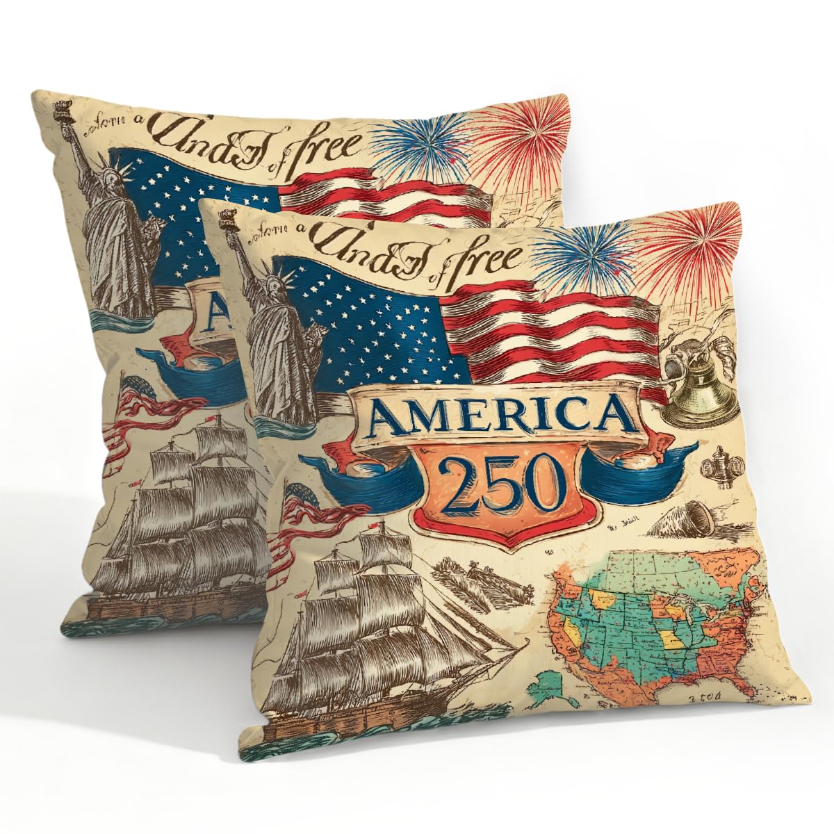 Outdoor Pillow Covers Waterproof Pillowcases 22x22in Set of 2 Retro 250th The United States Independence Decorative Throw Cushion Case for Couch Sofa Garden Patio Furniture