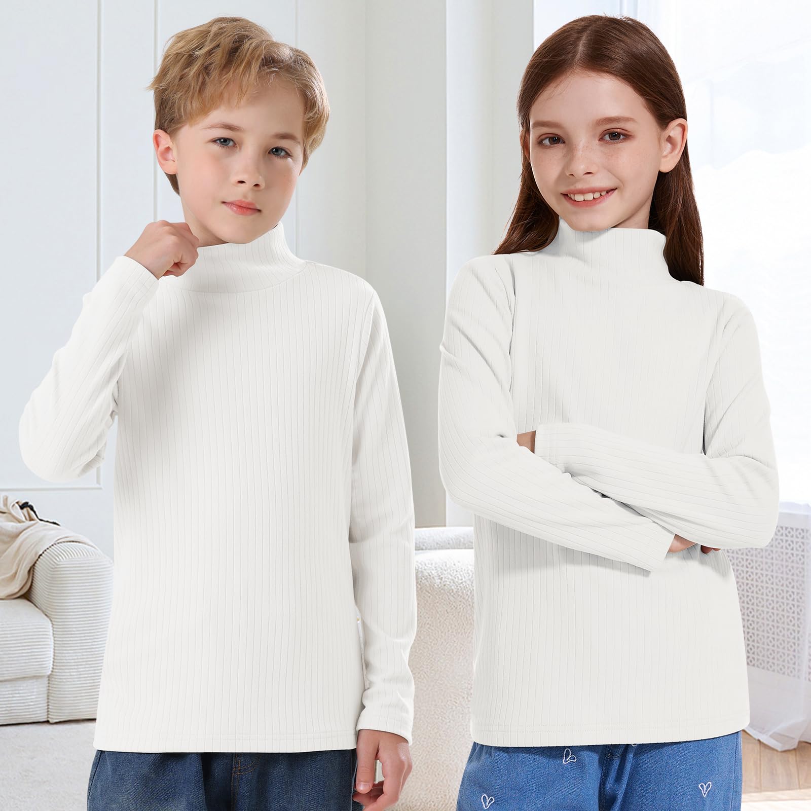 WOWENY Maglietta termica a collo alto, per bambini, in pile, calda, a coste, per l'inverno, 5-14 anni