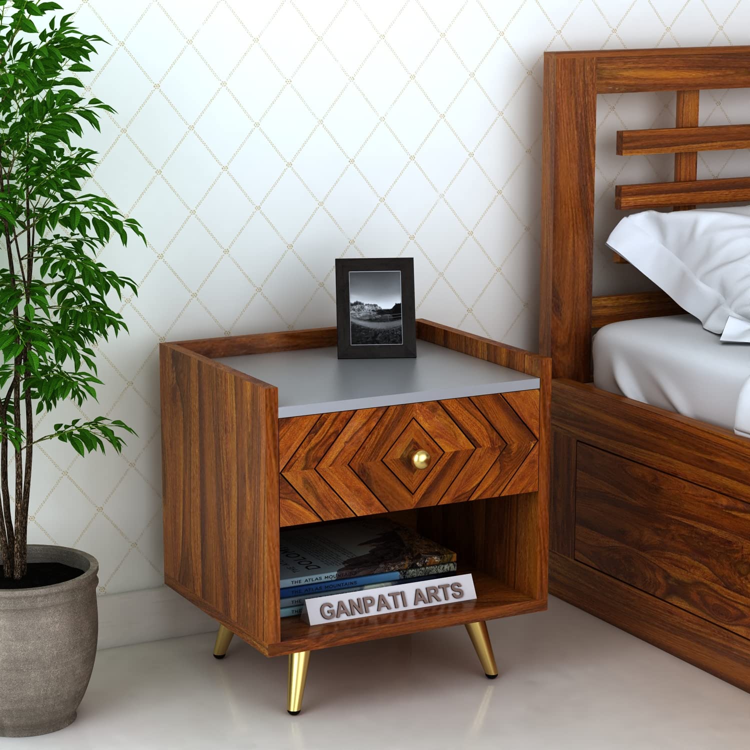 Ganpati Arts Solid Sheesham Wood Wave Bedside Table with Gray MDF Top for Bedroom End Table with 1 Drawer and 1 Shelf Storage for Home (Natural Finish) 1 Year Warranty
