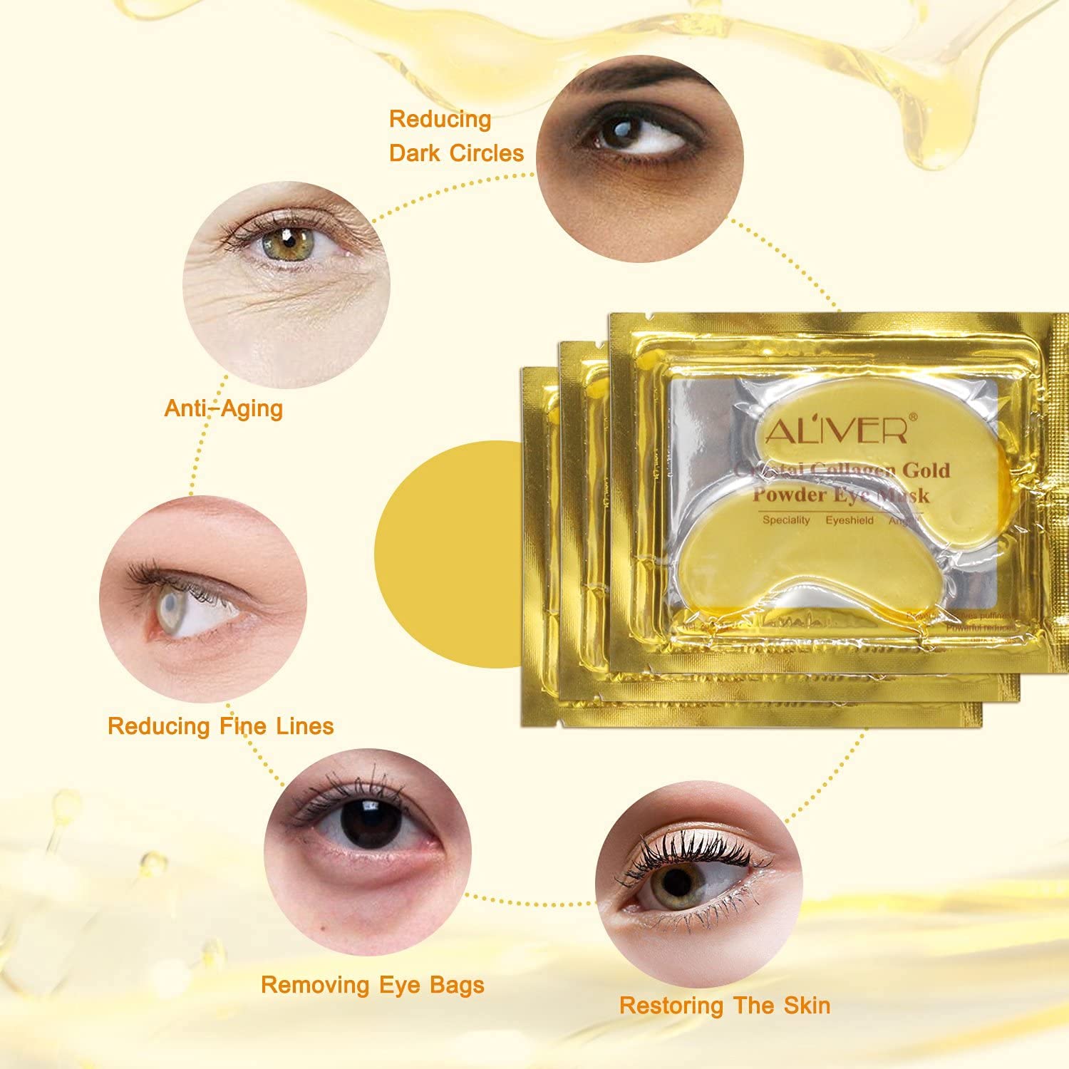 Maschera per Gli Occhi al Collagene in Gel di Cristallo Oro 24K 25 paia, Antietà e Rughe, Crema Idratante, per Rimuovere Borse Sotto Gli Occhi, Occhiaie, Occhi Gonfi