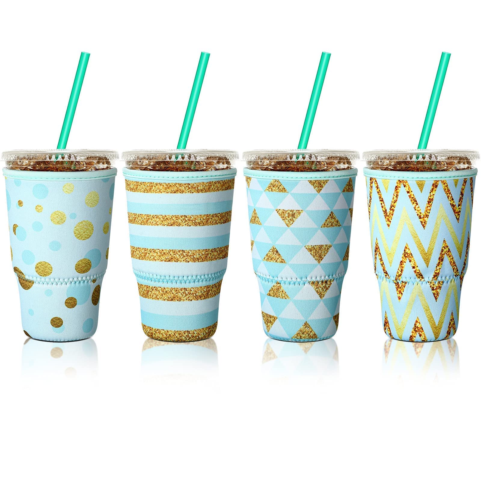 Patelai 4 Pieces Reusable Iced Coffee Sleeve Cup Insulator for Cold Drinks Beverages and Holder for Most Coffee(30-32 oz Large,Green Gold Style)