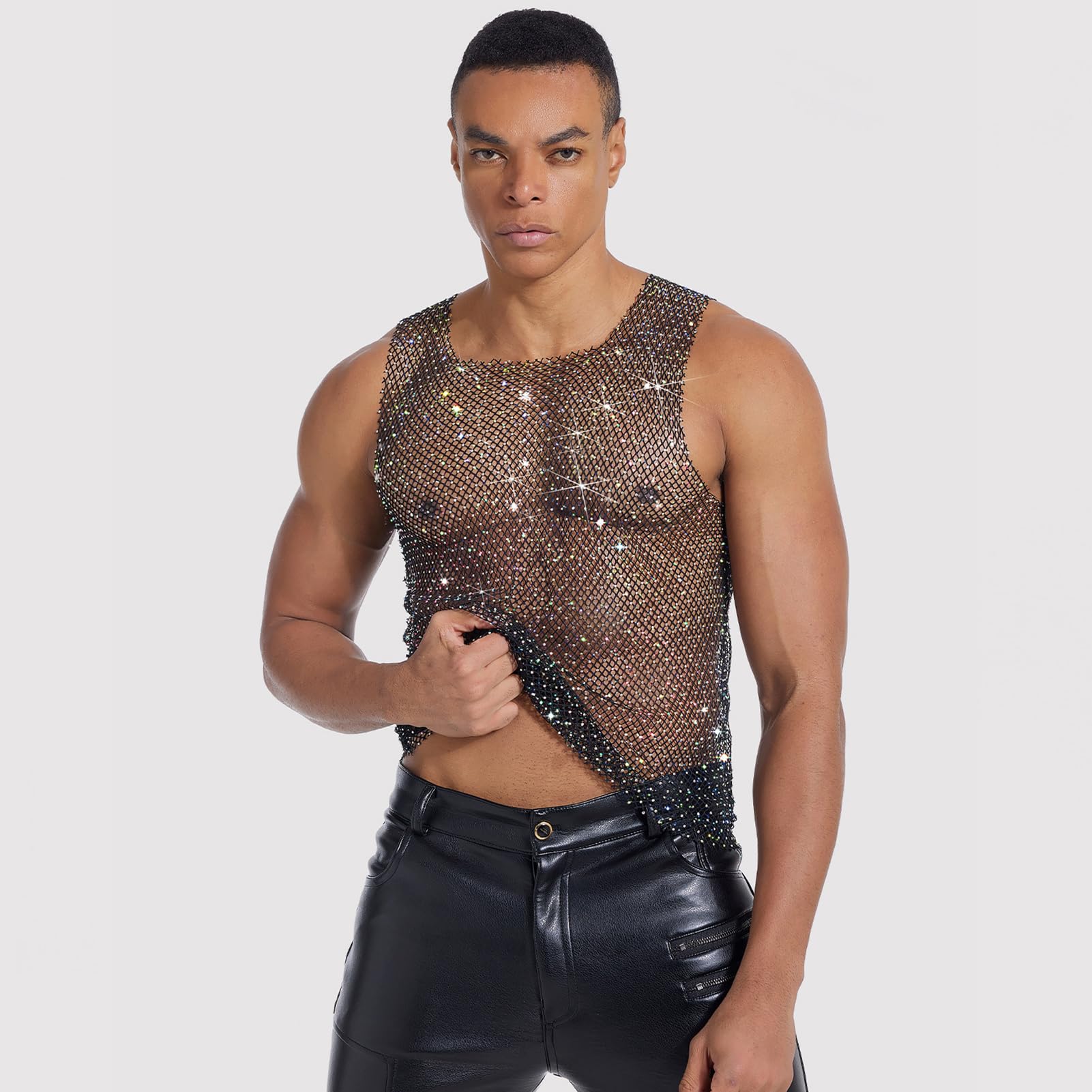 FYMNSI Chemise en maille transparente pour homme - Débardeur musculaire - Été sans manches - Sous-vêtement Gogo Clubwear, Rose