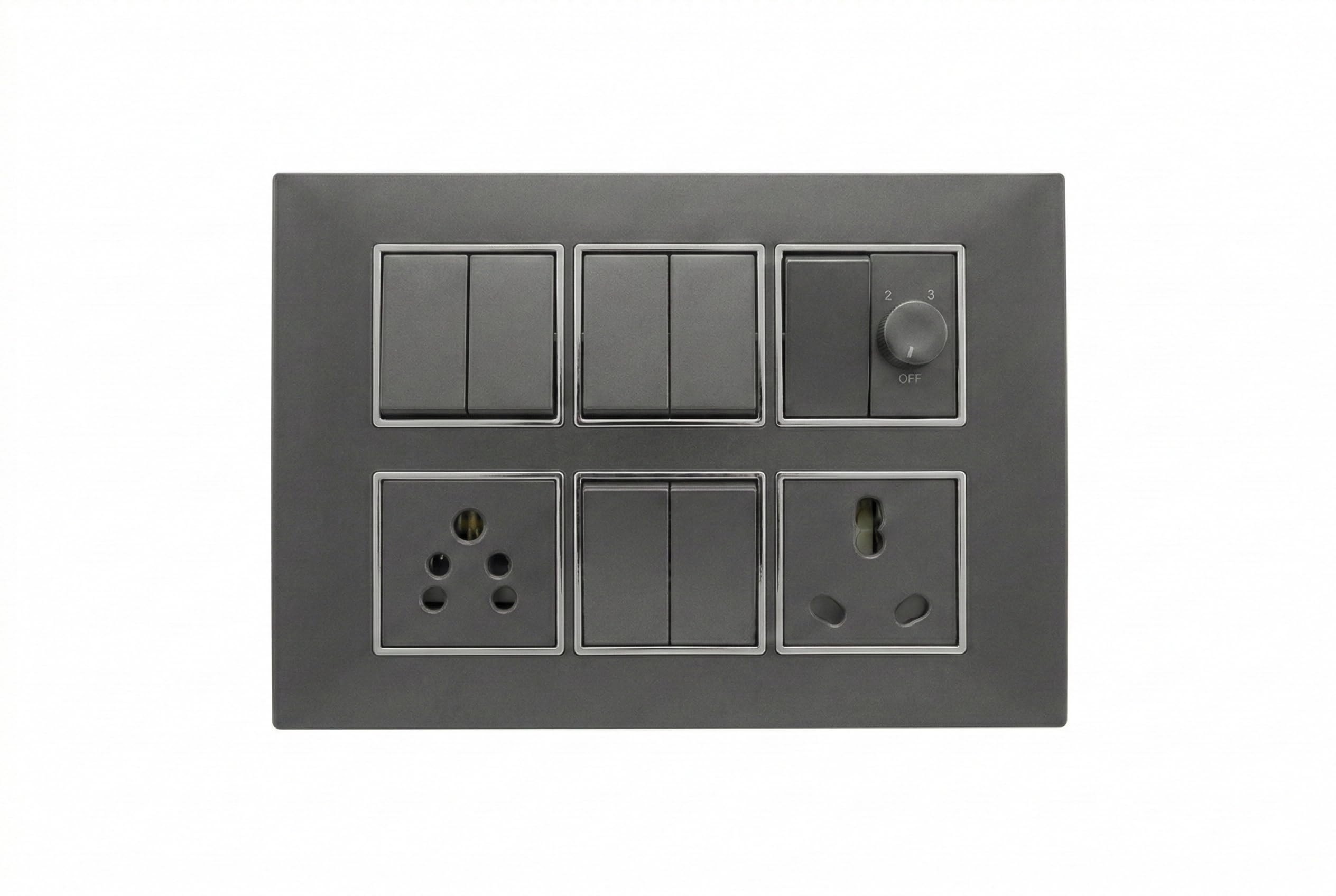 Modular Switch Board with 7 Switches, Fan Regulator, 5A and 15A Socket, Grey, Surface Mount-image-32