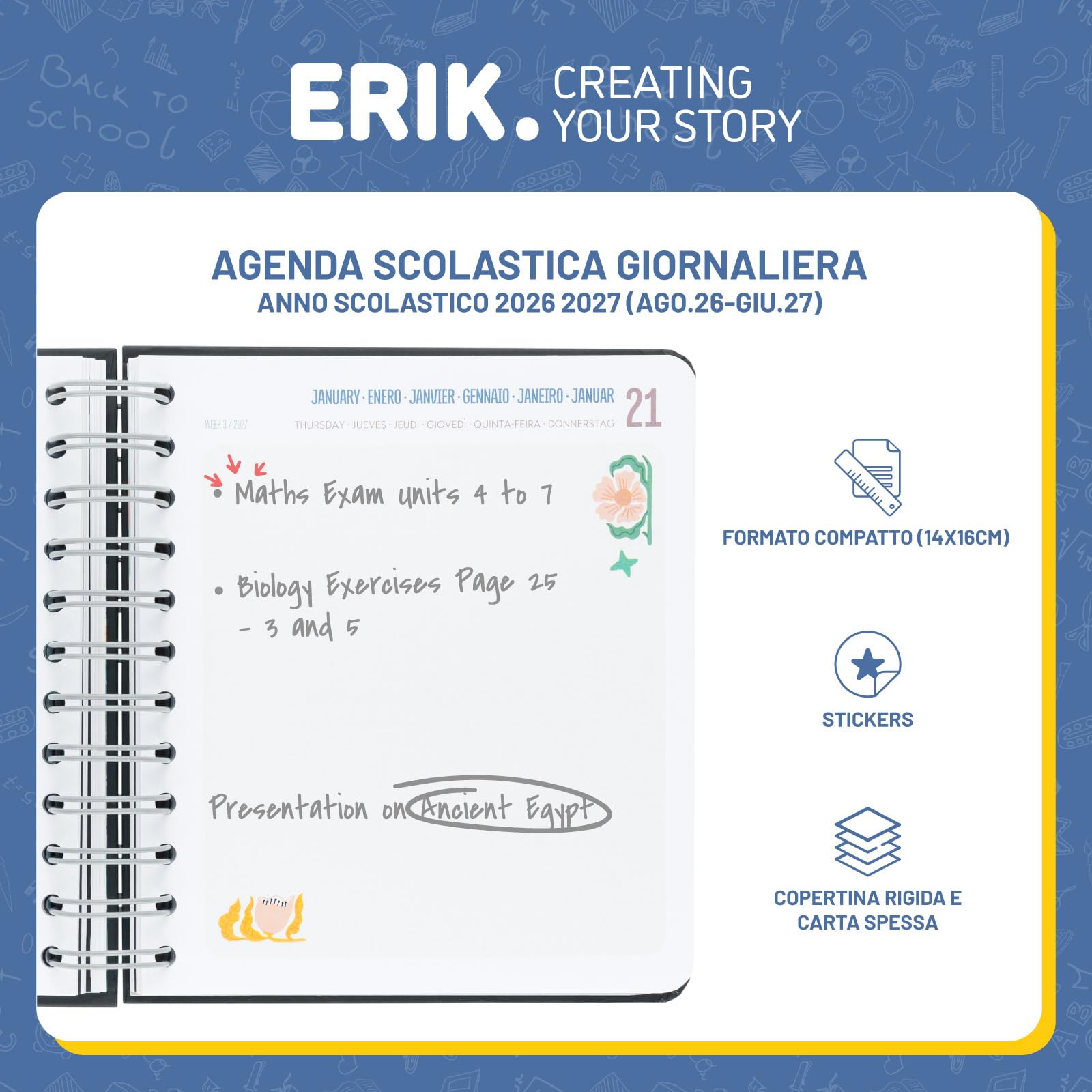 Grupo Erik Florale School Diary 2026 2027 – Daily Diary | University, High School, Daily Planner, Hardcover, Stickers, Illustrated Dividers, 11 Months, 14 x 16 cm