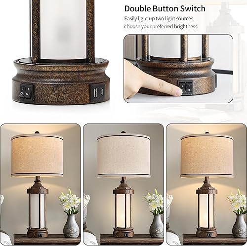 Miniatura 4 de Lámpara de mesa de 25 pulgadas para sala de estar, dormitorio, lámparas de metal con 2 puertos USB, luz nocturna de vidrio esmerilado integrada,