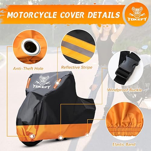 Miniatura 10 de Tokept Funda negra para motocicleta, tela Oxford 210D, protección solar para todo tipo de clima, cubierta de vehículo de 86 pulgadas para Harley