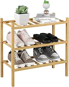 3-Tier Bamboo Small Shoe Rack, Free Standing Wood Shoe Shelf Storage Organizer for Closet Entryway Stackable (Natural)