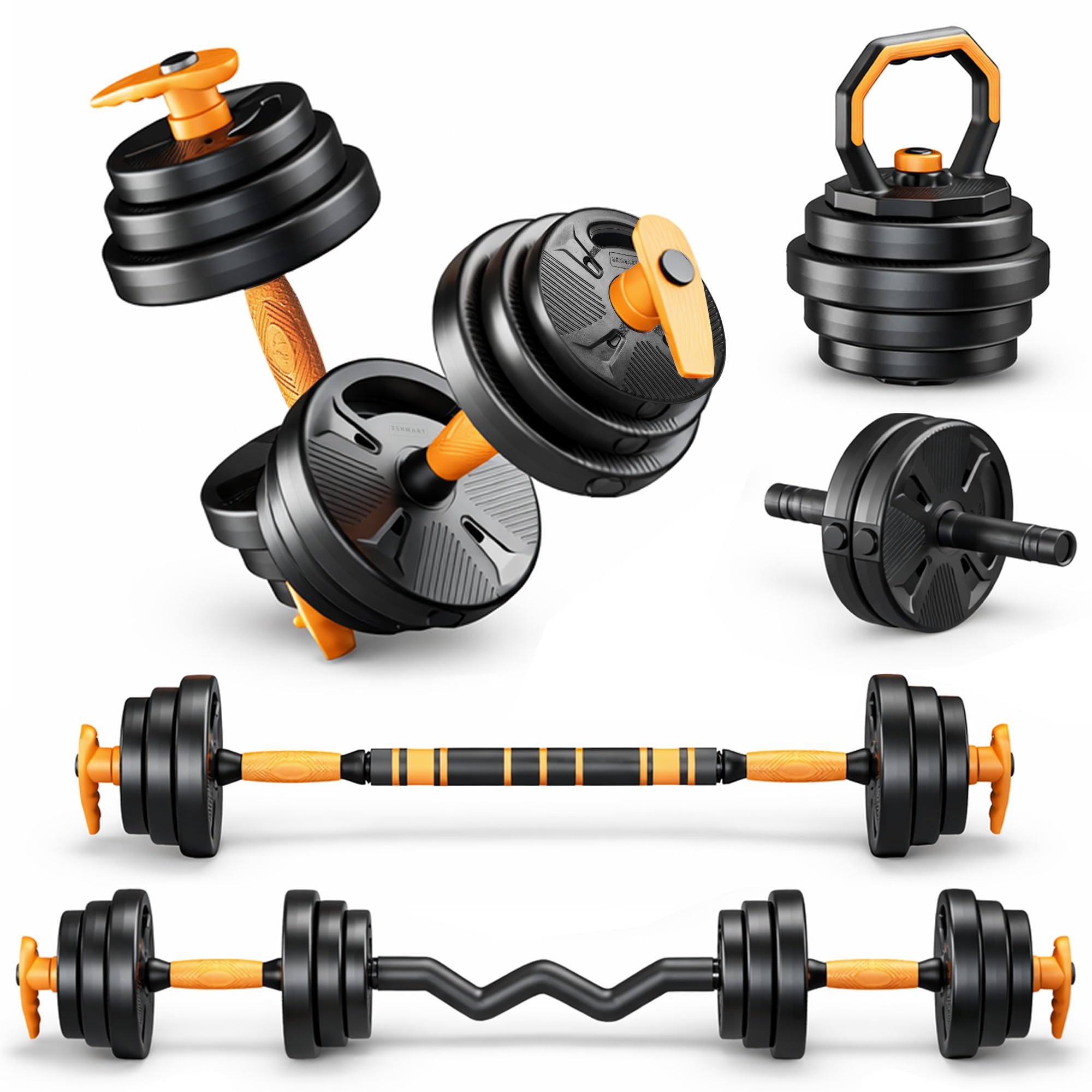 Juego de Pesas y Mancuernas Ajustables 6 en 1 – Kit Pesos Fitness Completo con Barra Curva y Rueda Abdominal – 10kg 20 kg