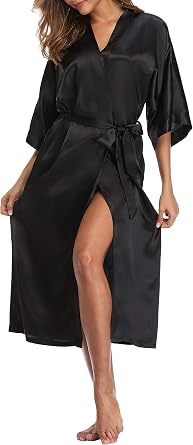 Womens Silky Robes Long Satin Kimono Robe Bridesmaid Wedding Party Robes Lightweight Sleepwear with Pockets