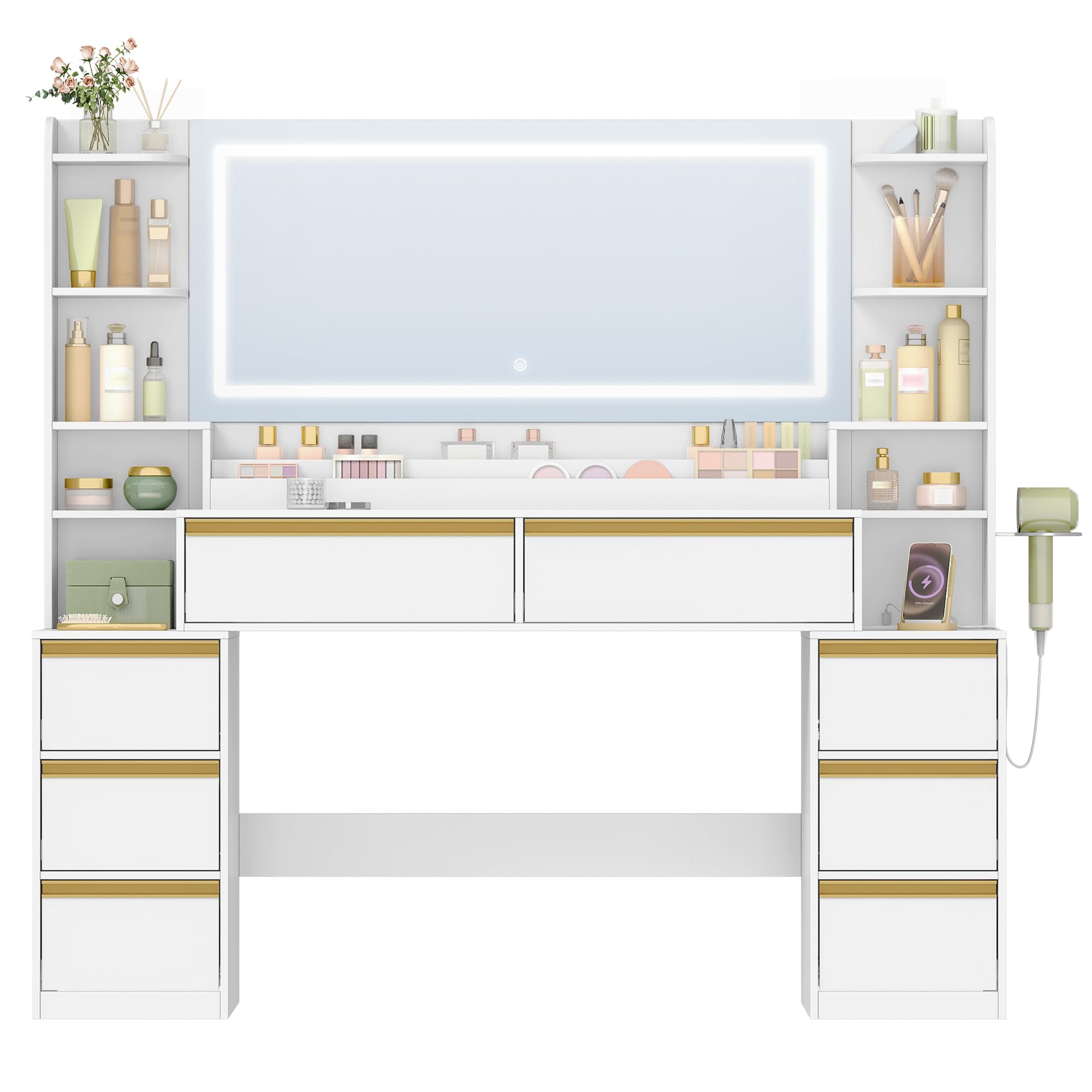 HEXCELEN Schminktisch mit Großer Spiegel, Frisiertisch und Haartrocknerhalter, 8 Schubladen, Offenen Fächern, Moderne Schminktisch