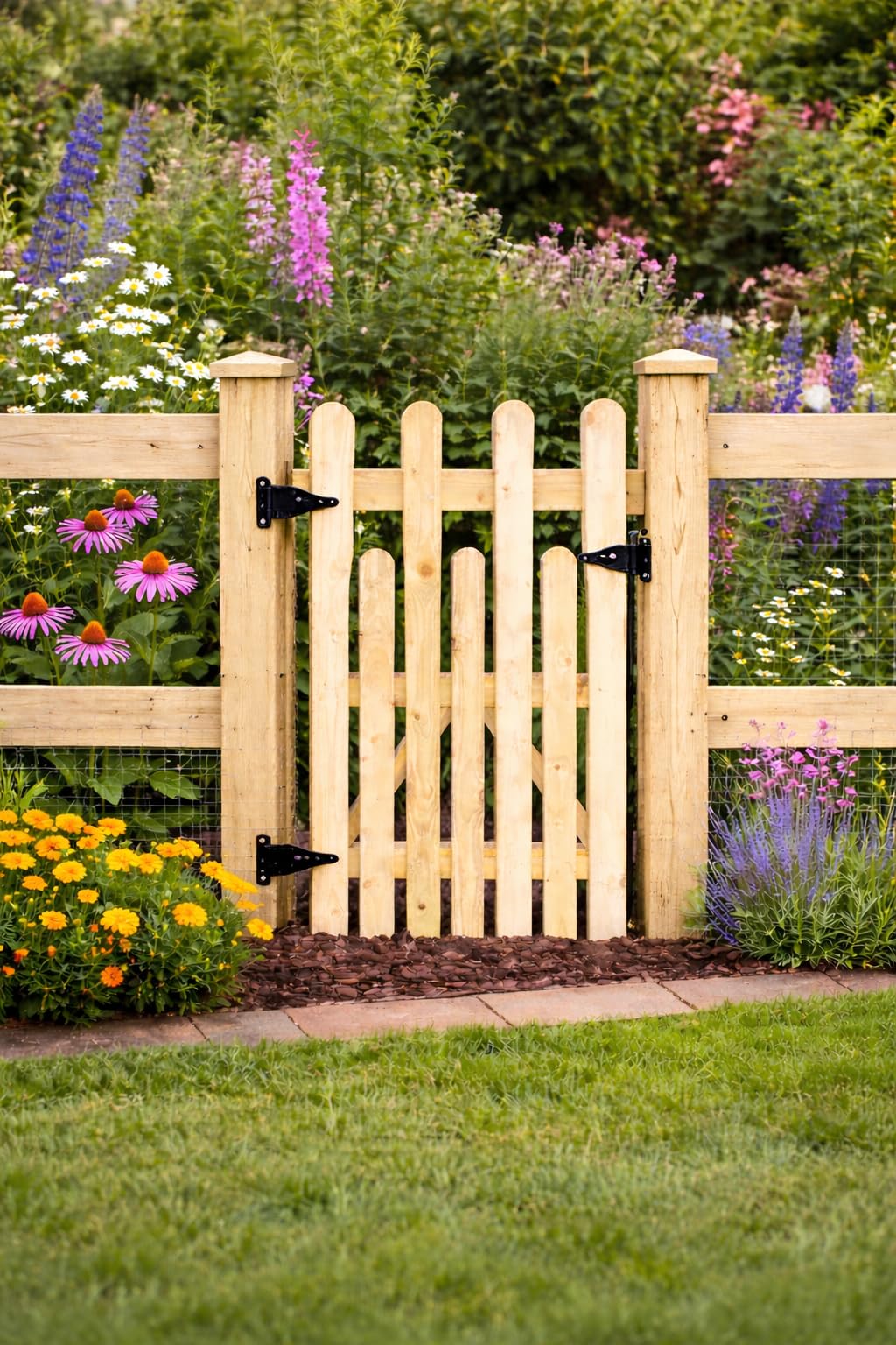 Wooden Garden up and Down Picket Gate Pressure Treated Timber Pedestrian Fence Gate, Outdoor Wooden Garden Gate with Picket Design (90cm Hight x 120cm Wide x 5cm Deep)