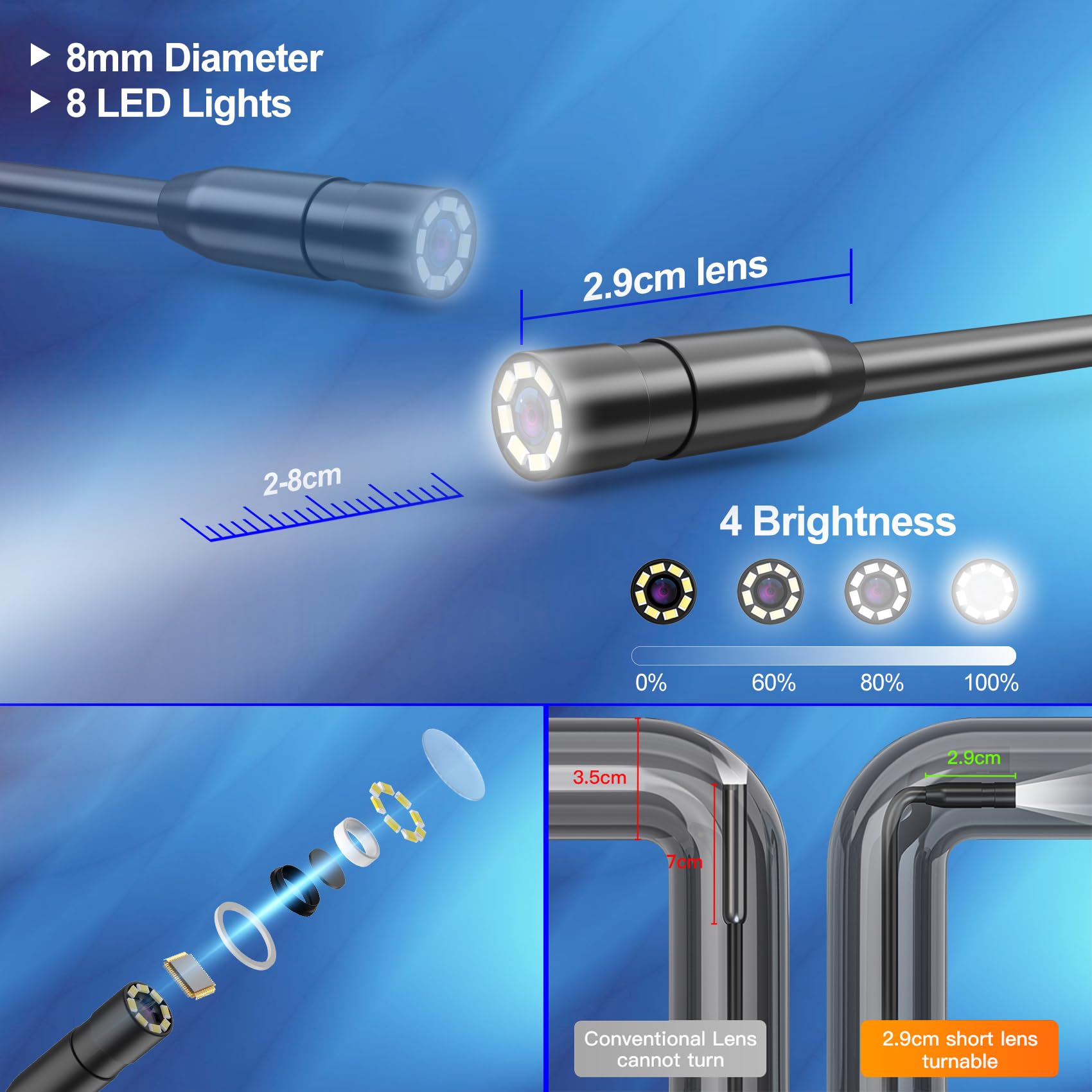GlobalCrown Endoscopio Professionale,Sonda Telecamera Endoscopica,Telecamera ispezione tubi IPS da 4,3 '' schermo con 8 luci LED,Cavo impermeabile IP67 semi-spirale da 5 m