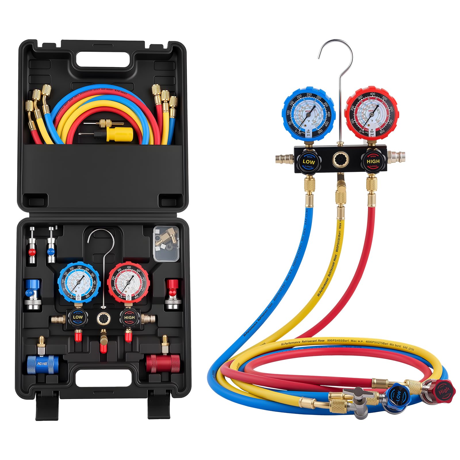 VEVOR AC Manifold Gauge Set for R134a R404A R1234yf R22 Refrigerant, 3 Way AC Gauge with 5 ft Hoses, Adapters, Quick Couplers, Can Taps for Automotive