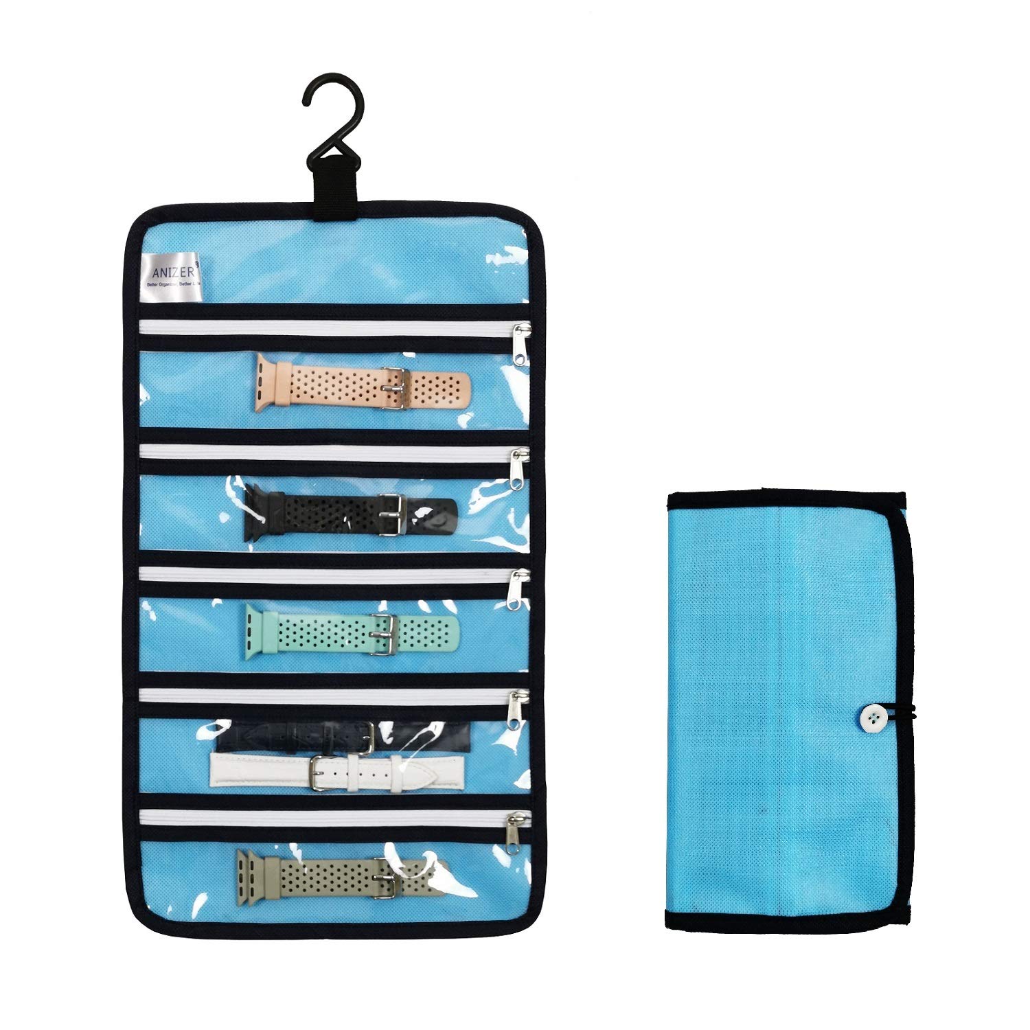 ANIZERANIZER Watch Band Storage Roll Holders Hanging Organizer for Watch Band Straps Accessories with 5 Zippered Clear Pockets (Blue)