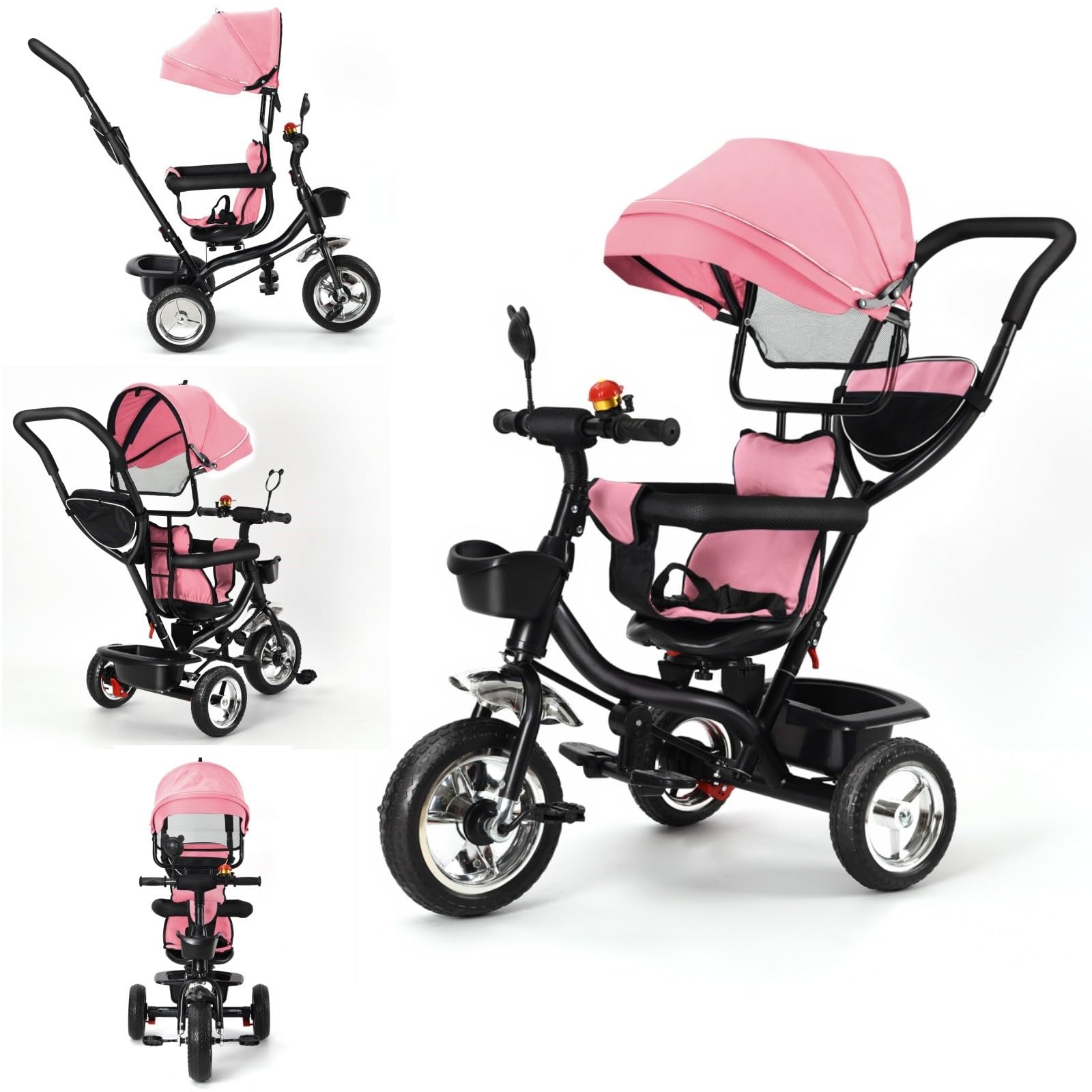 Dreirad 4 in 1 ab 1 Jahr mit Schubstange – Kinderdreirad mit drehbarem Sitz & klappbarem Sonnendach | Sicherheitsgurt & abnehmbarer Schutzbügel | 2 große Körbe | babyfreundlicher Stoff | Rosa