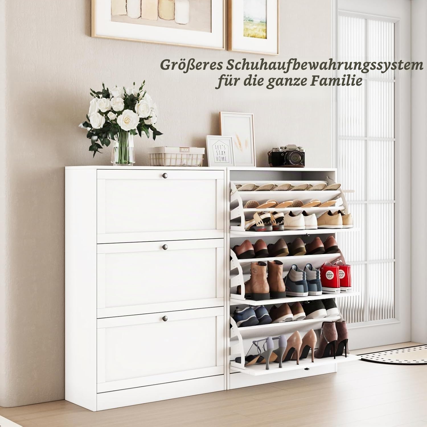 VOWNER Schuhschrank mit 3 Klappen Weiß 80x30x117cm