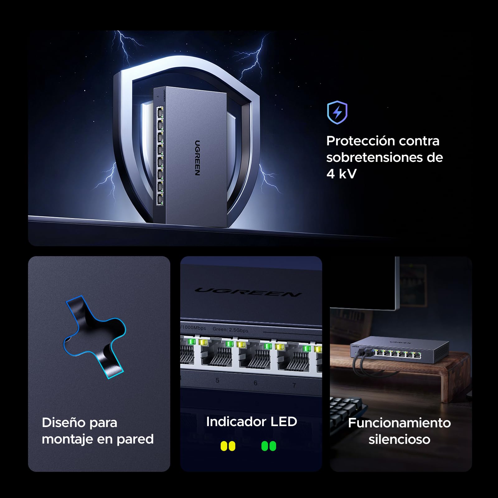 UGREEN 2.5G Switch Ethernet 8X2.5G Puertos, Plug y Play (8 Puertos) | Switch RJ45 Carcasa Metal No Gestionado 4KV Multiprise RJ45 Montaje Mural para PC NAS Servidor Consola de Juegos Vídeo 4K/8K