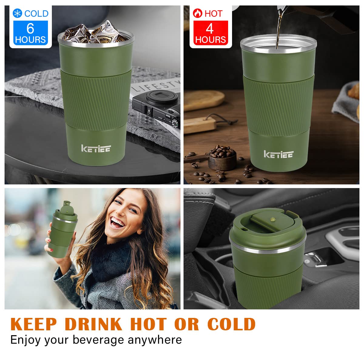 Travel Mugs,KETIEE 510ml Insulated Coffee Cup with Leakproof Lid,Reusable Coffee Cups Travel Cup,Coffee Travel Mug,Double Walled Coffee Mug,Stainless Steel thermaol Mug for Hot Cold Drinks,Olive Drab - Image 2