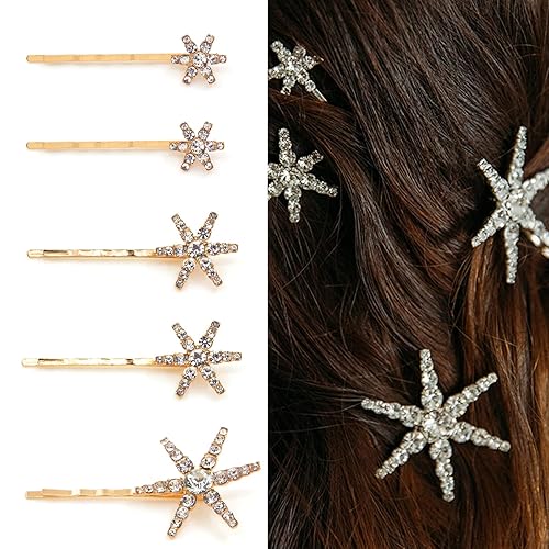5 pines de pelo con estrellas para mujer, diseño de copos de nieve plateados y dorados, accesorios para el cabello para vacaciones, boda,