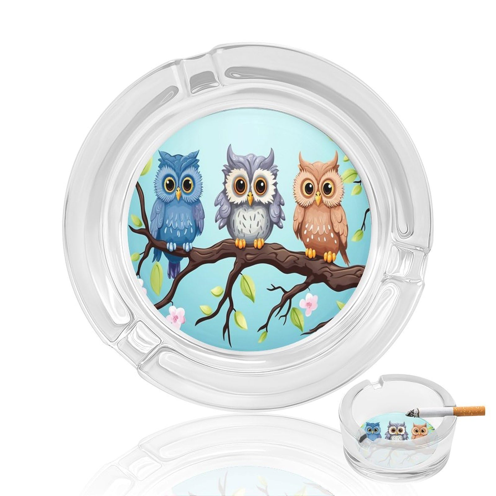 Owls on A Branch Ashtray Cigar Cigarette Rest Glass Outdoor Cigar Ashtrays with 3 Grooves Travel Cigar Ashtrays Fancy Cute Cool Ash Tray for Smokers Tabletop