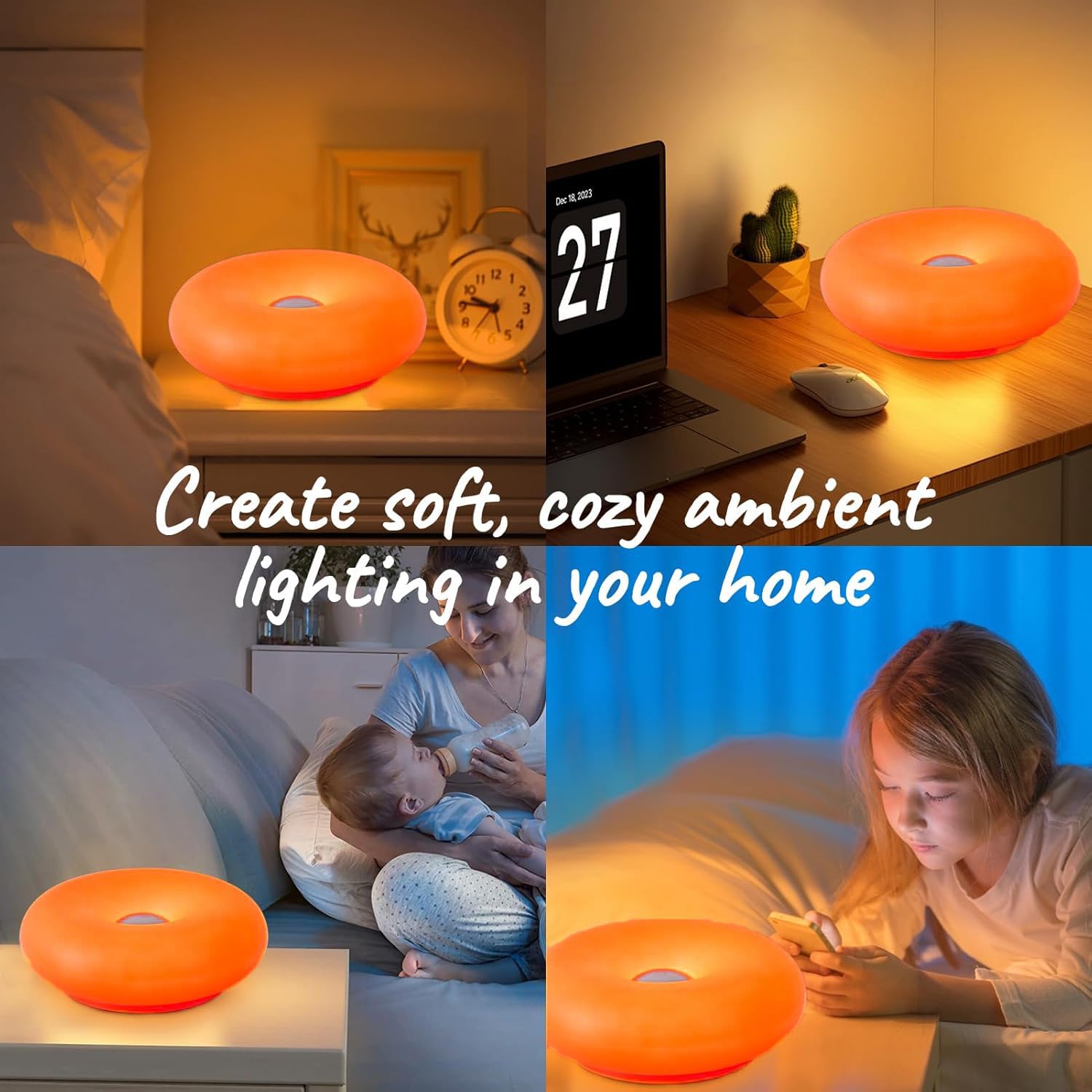 OOWOKS Lampada a ciambella, lampada da tavolo a LED arancione a forma di ciambella, senza fili, ricaricabile, dimmerabile al tocco, 3 temperature di colore, lampada da comodino retrò, luci notturne
