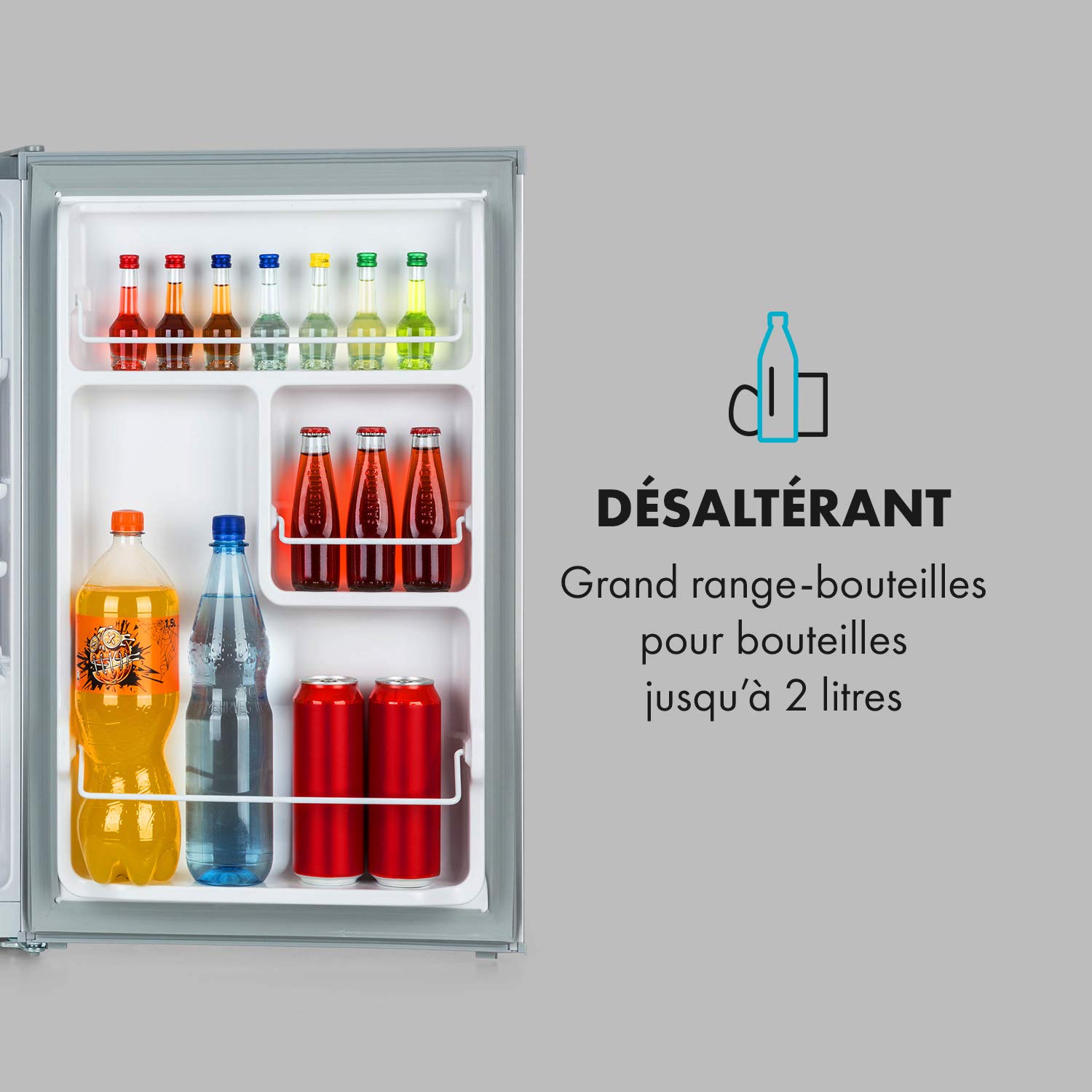 KLARSTEIN Delaware - Réfrigérateur compact, Capacité: 76 L, Congélateur: 4L, 2 niveaux de rangement, Range-boissons, Econome, Thermostat à 5 niveaux, Pieds réglables - Argent