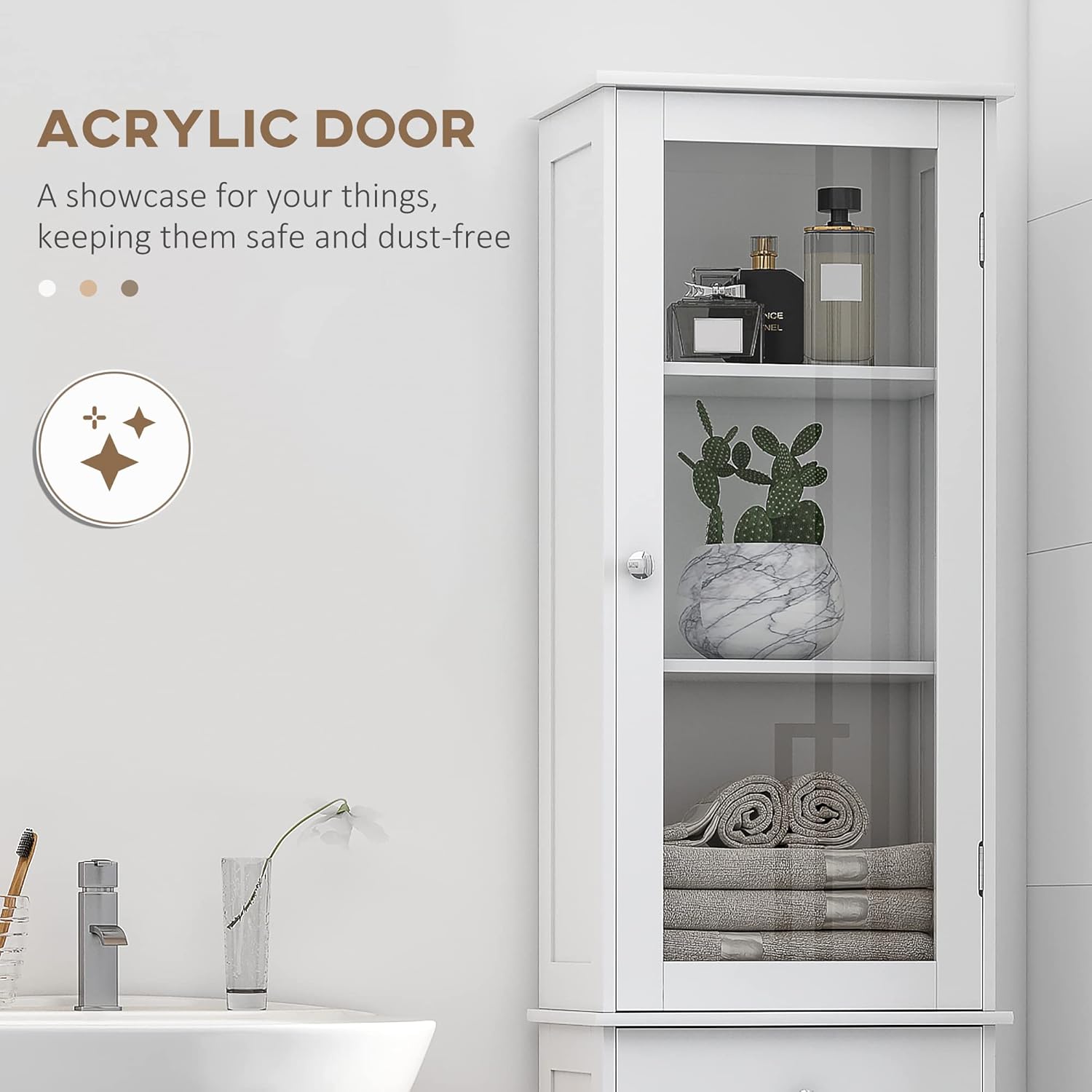 Slim Tower White Storage Cabinet with Anti-Toppling Design