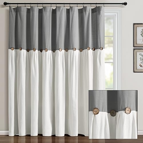 Miniatura 2 de Lush Decor - Cortinas de lino con botones de estilo granja, panel individual, diseño plisado de dos tonos de 100 pulgadas de ancho x 84 pulgadas de