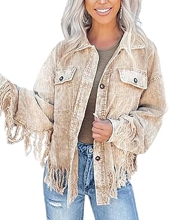 CXINS Womens Cropped Corduroy Jacket Casual Button Down Shacket Coat Tassel Fringe Jacket