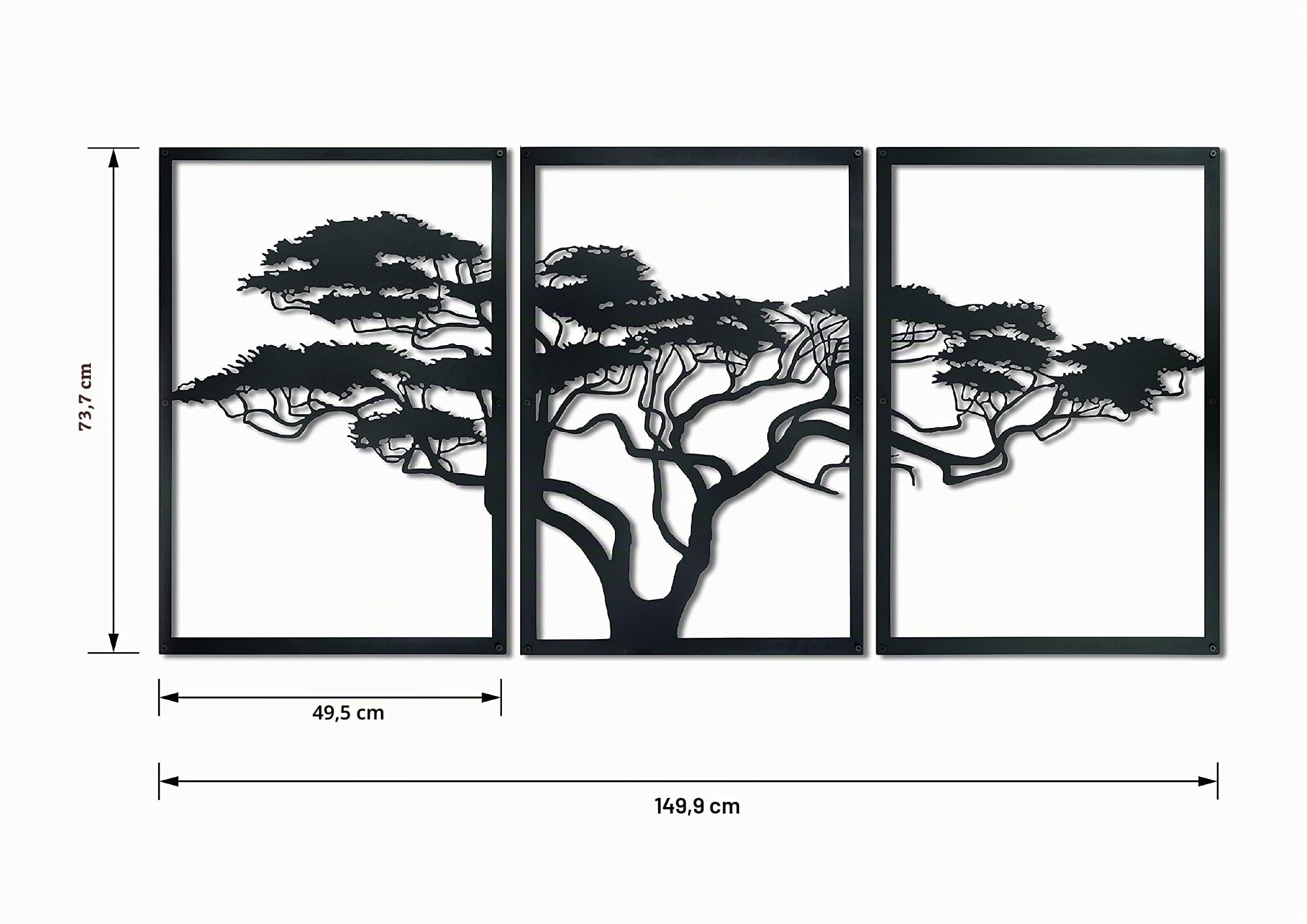 Baupor Décoration Murale en Métal Arbre d'Afrique, de Vie, 3 x Grand Arbre, œuvre d'Art Pour la Maison, Salon, Chambre à Coucher noir 150x74 cm